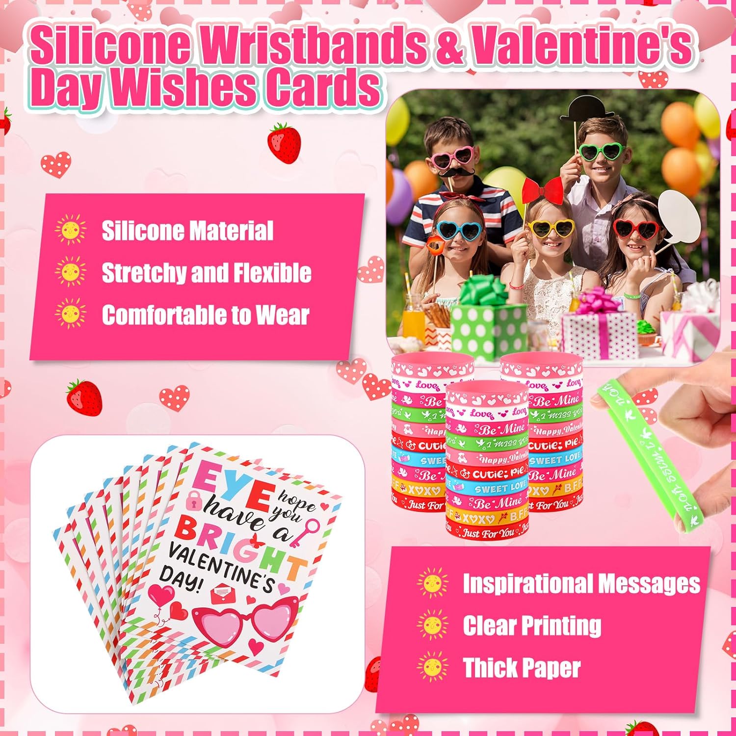 36 Set Valentines Day Gifts for Kids Heart Sunglasses with Valentines Cards Silicone Bracelet Wristbands School Classroom Exchange Gifts Party Favor for Girls Boys