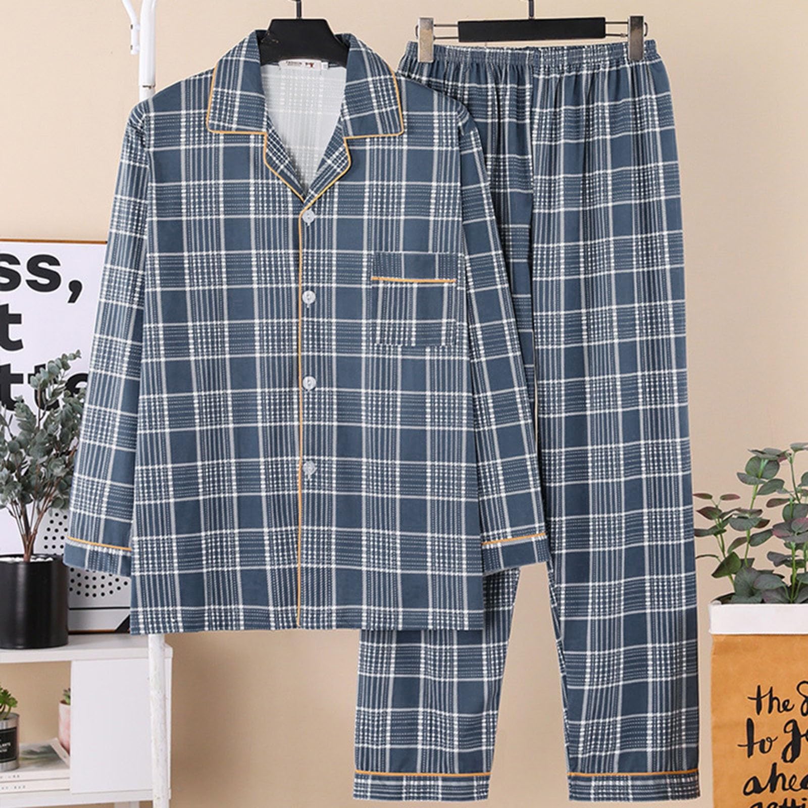 Pijama para hombre largo con botones a cuadros, cuello de solapa de dos piezas, conjunto de pijama de primavera y otoño, pijama para hombre, suave, cómodo, corte regular, pijama con bolsillo