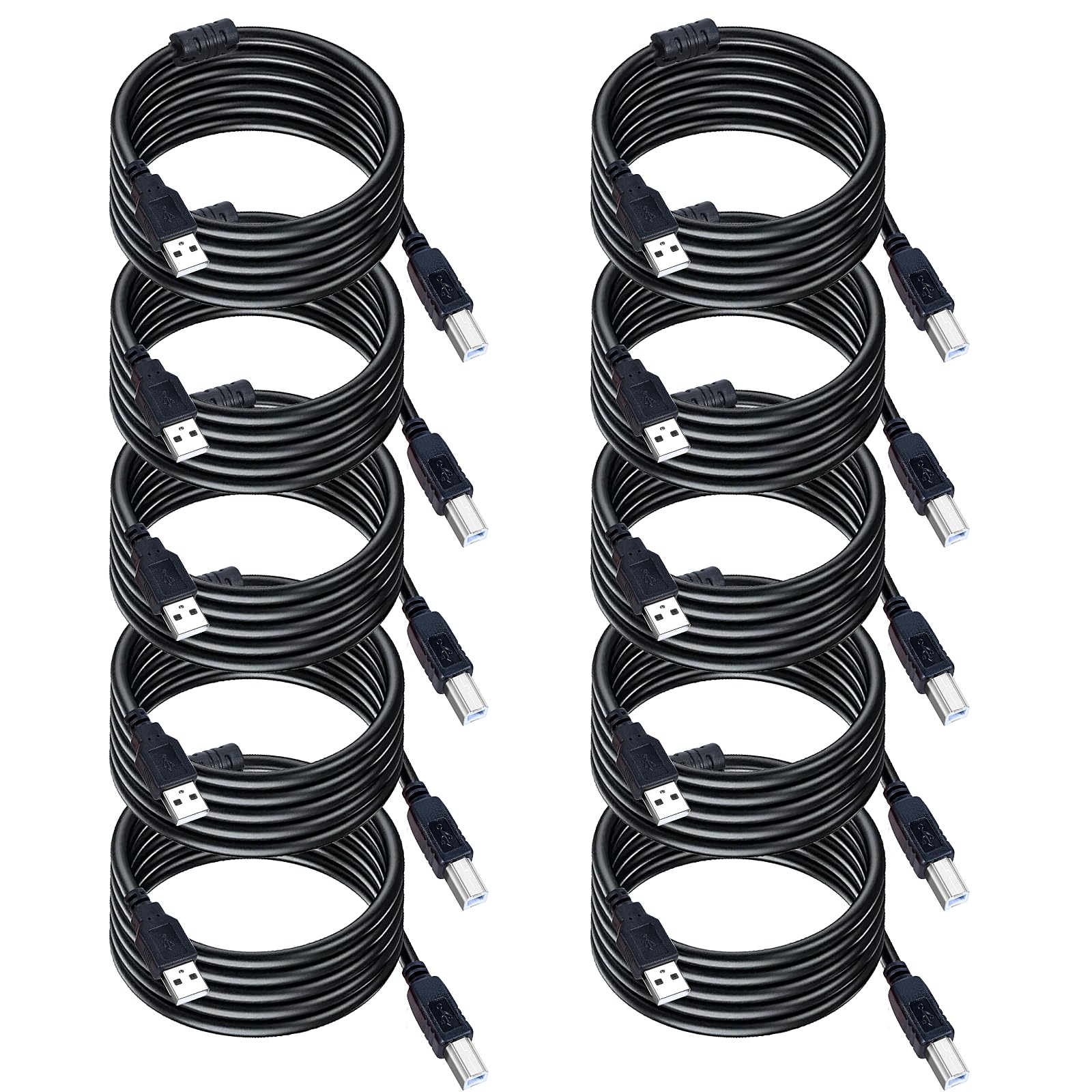 Lot de 10 câbles USB 2.0 de 3 m, câble USB de type A vers B haute vitesse pour imprimante/scanner, câble USB 2.0 A mâle vers B mâle avec 480 Mbit/s (3 m)