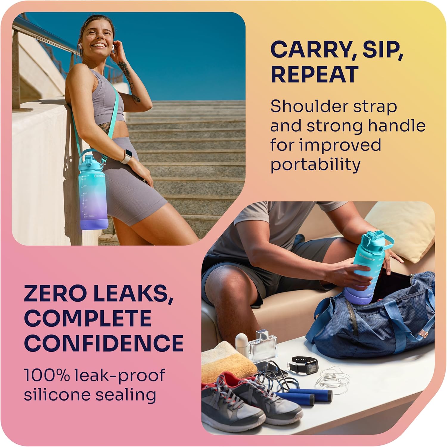 1/2 Gallon Water Bottle with 74.3 oz Capacity - Motivational Time Markers for Daily Hydration Goals - Leakproof BPA Free Tritan with Removable Straw