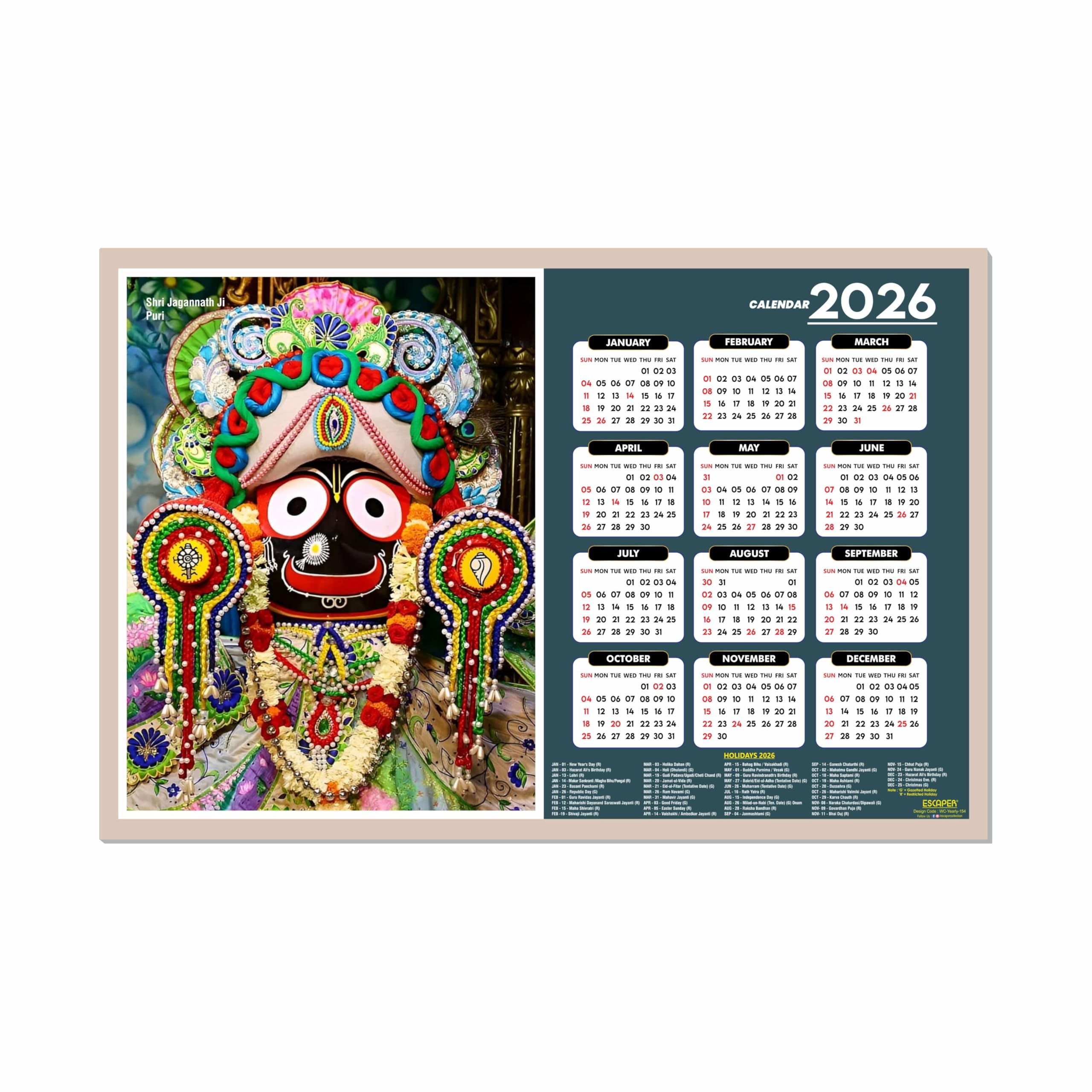 ESCAPER Jagannath Ji Wandkalender 2026 - 45 x 30 cm, Jagannath Tempel & Fotos, Hindu-Gott Religiöser Wandkalender für Zuhause, Büro & Pooja Zimmer
