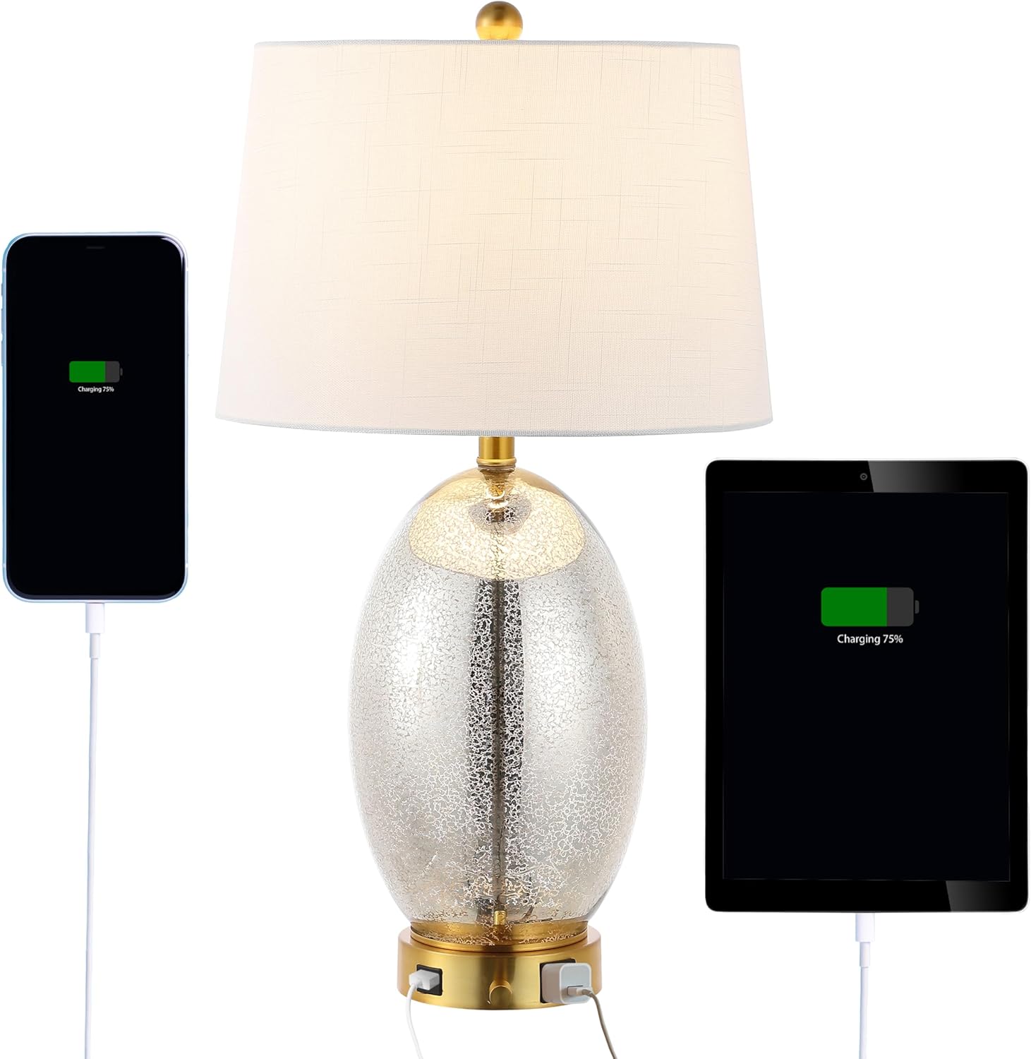 JONATHAN Y 26.5" Silver/Brass Gold Modern Glass Table Lamp with USB Port and AC Outlet, White Linen Shade, Contemporary Glam Bedside Lamp for Living Room Bedroom, LED Bulb (JYL4054A)