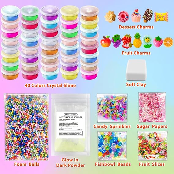 40 Cups DIY Slime Kit, Slime Making Kit for Girls, Crystal Clear, Glow in The Dark Slime with Add-ins, Foam Balls, Charms, Party Favors Gift Toys for Kids 3-12