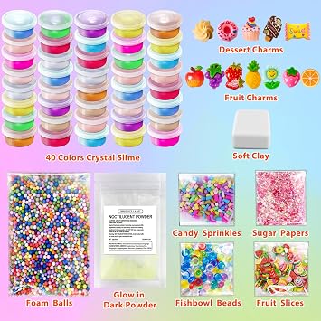 40 Cups DIY Slime Kit, Slime Making Kit for Girls, Crystal Clear, Glow in The Dark Slime with Add-ins, Foam Balls, Charms, Party Favors Gift Toys for Kids 3-12