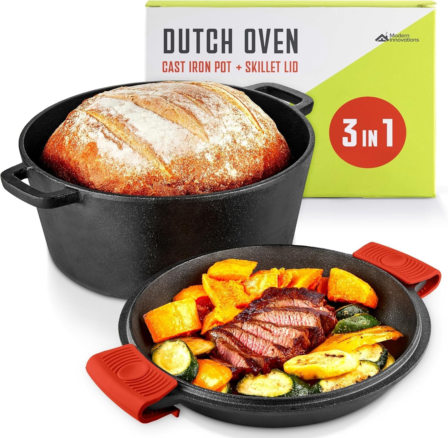 3 in 1 Dutch Oven and Skillet Combo Preseasoned Cast Iron Cookware Set 5QT Dutch Oven 1.6QT Skillet with Lid 2 Pack by Modern Innovations – 1 Pack Pack of 2, 5.0 quarts, Cast Iron
