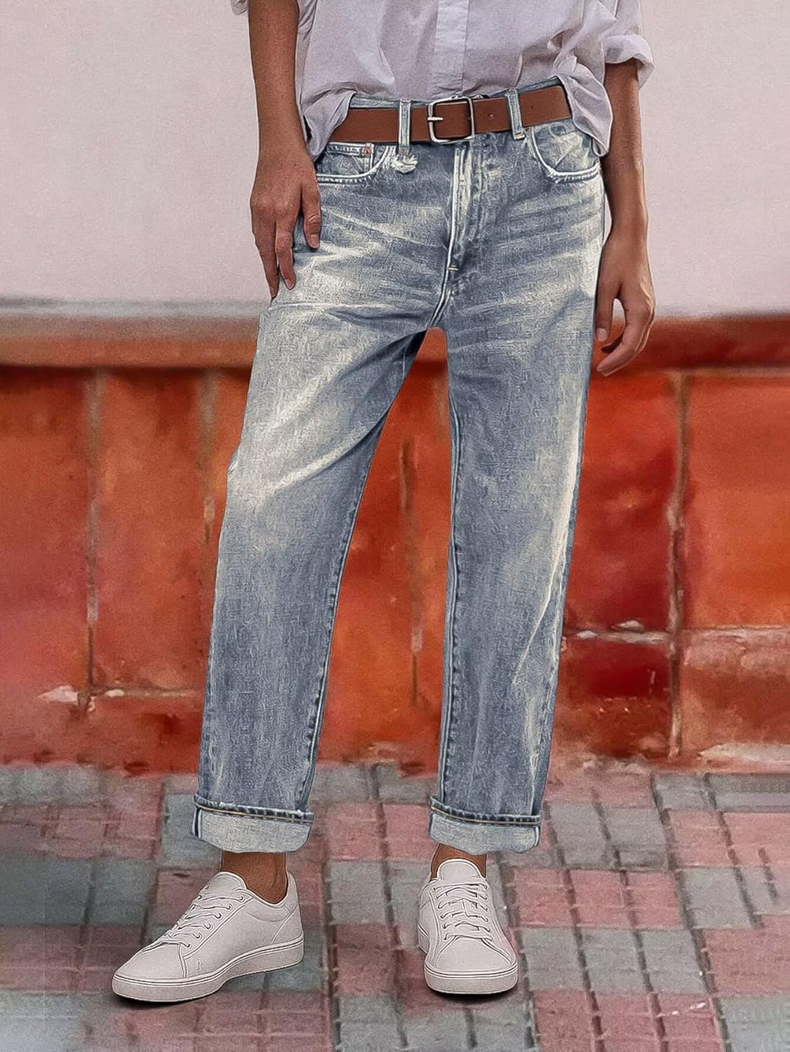 Flamingals Straight Leg Crop Jeans for Women Wash Raw Hem Mid Waist Jeans