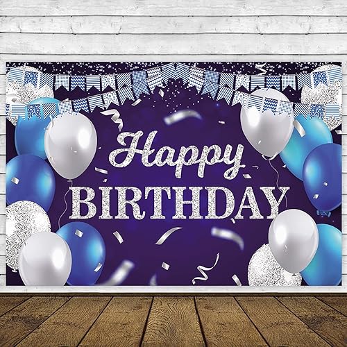 Vista 177 de Cartel de feliz cumpleaños número 31, globos azul marino, bandera de confeti a rayas, puntos de luz, saludos a 31 años, decoración temática