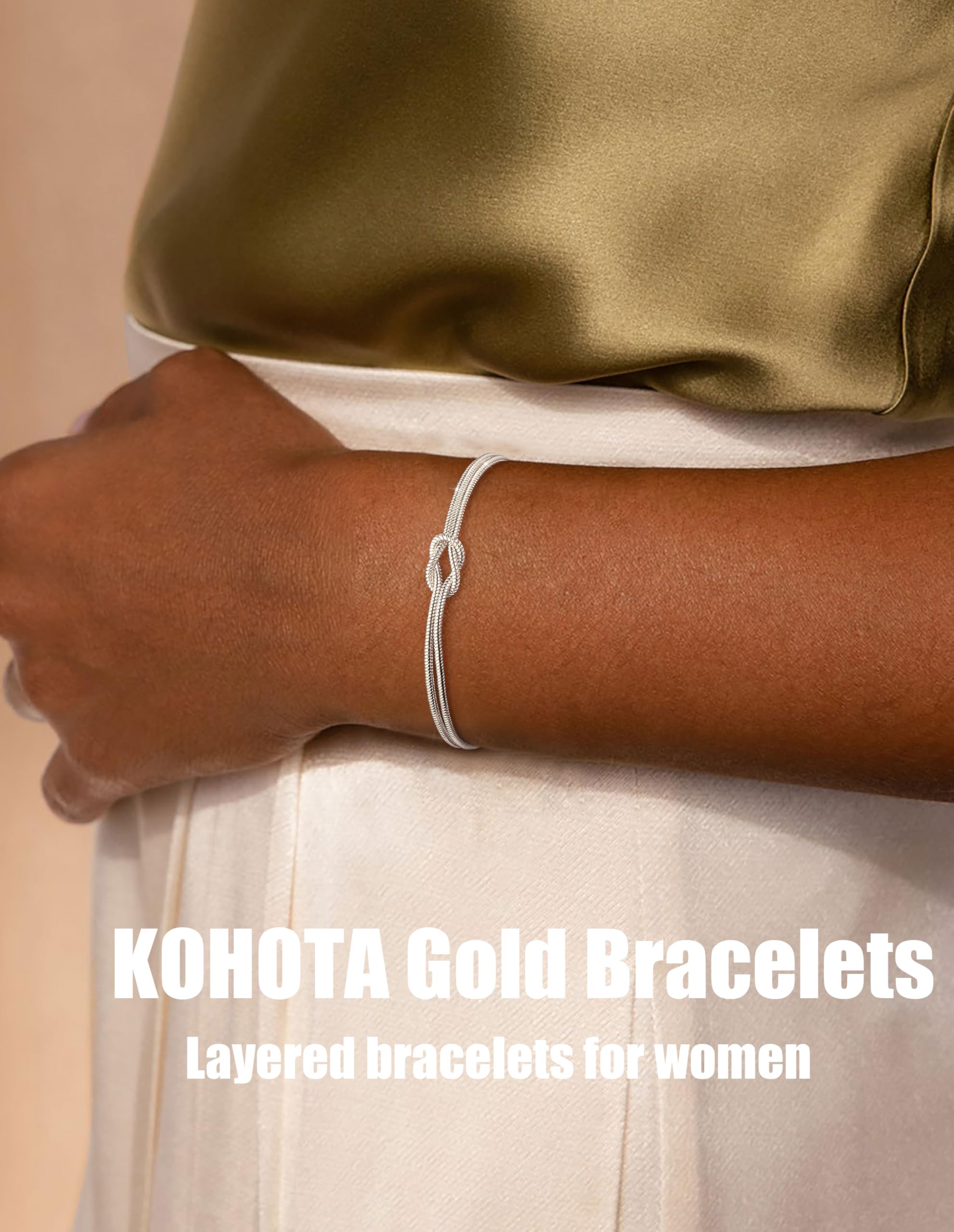KOHOTA Silver Gold Bracelets for Women Trendy 14K Gold Plated Bracelet for Women Non Tarnish Dainty Stackable Layered Chain Heart Pearl Knot Beaded Bracelets Stack Set Charm Mothers Day Jewelry Gifts
