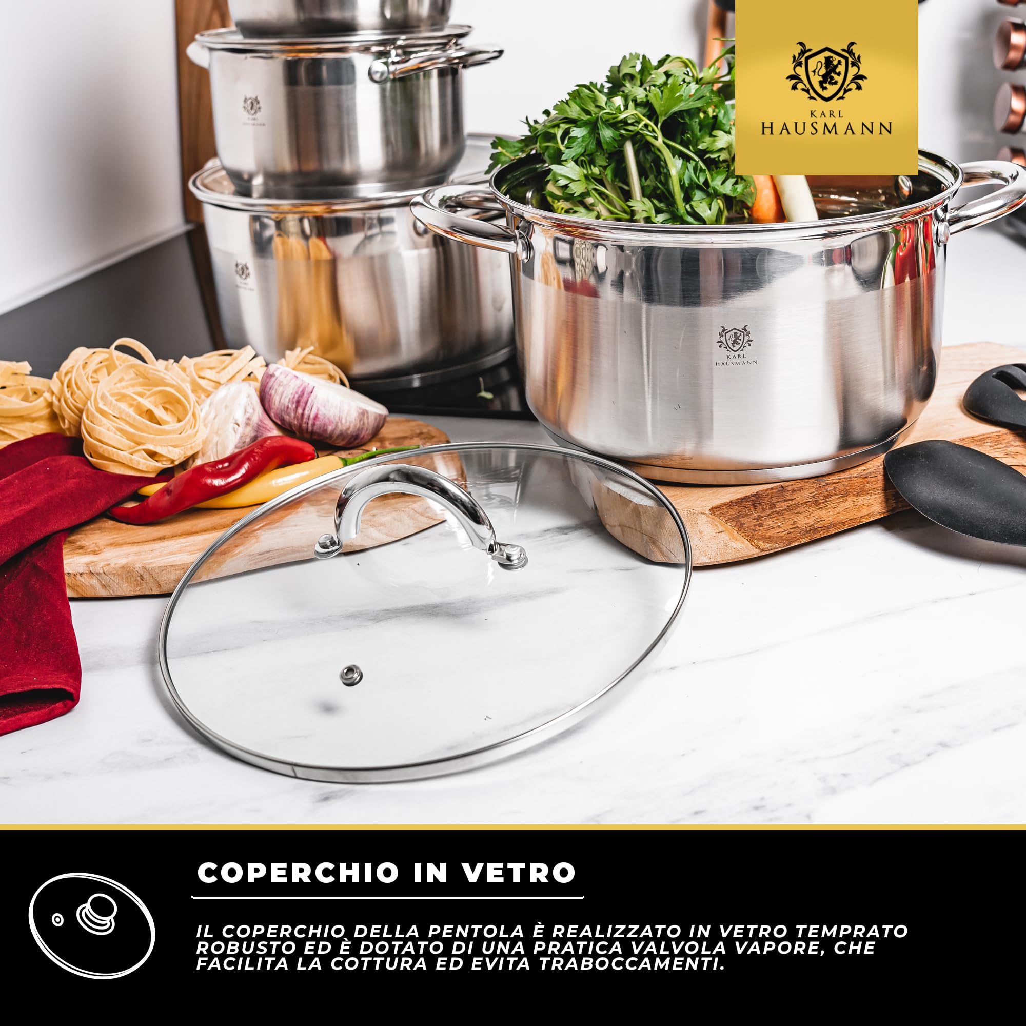 KARL HAUSMANN Pentola Acciaio Inox - 1.3L - 14 cm - Casseruola Induzione con Coperchio Vetro - Pentola Inox 18/0 - Scala Misura - Per Tutti i Fuochi - Pentole Acciaio Inossidabile