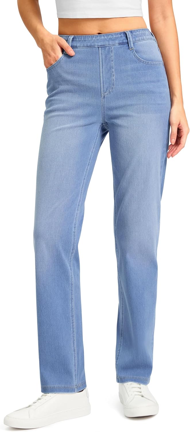Rammus Straight Leg Jeans for Women Stretchy Pull on Sweatpant Jean Trendy Tummy Control High Waisted Denim Pants