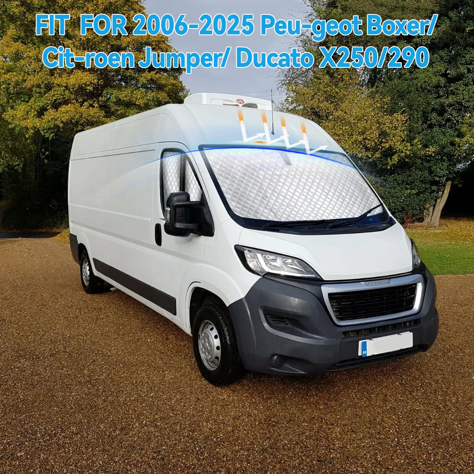 Coprifari interni termici per Fiat Ducato X250/290 e Peugeot Boxer 2006-2025, set di 3 tende parasole impermeabili e anti-UV pieghevoli per il parabrezza anteriore, per oscuramento interno e privacy