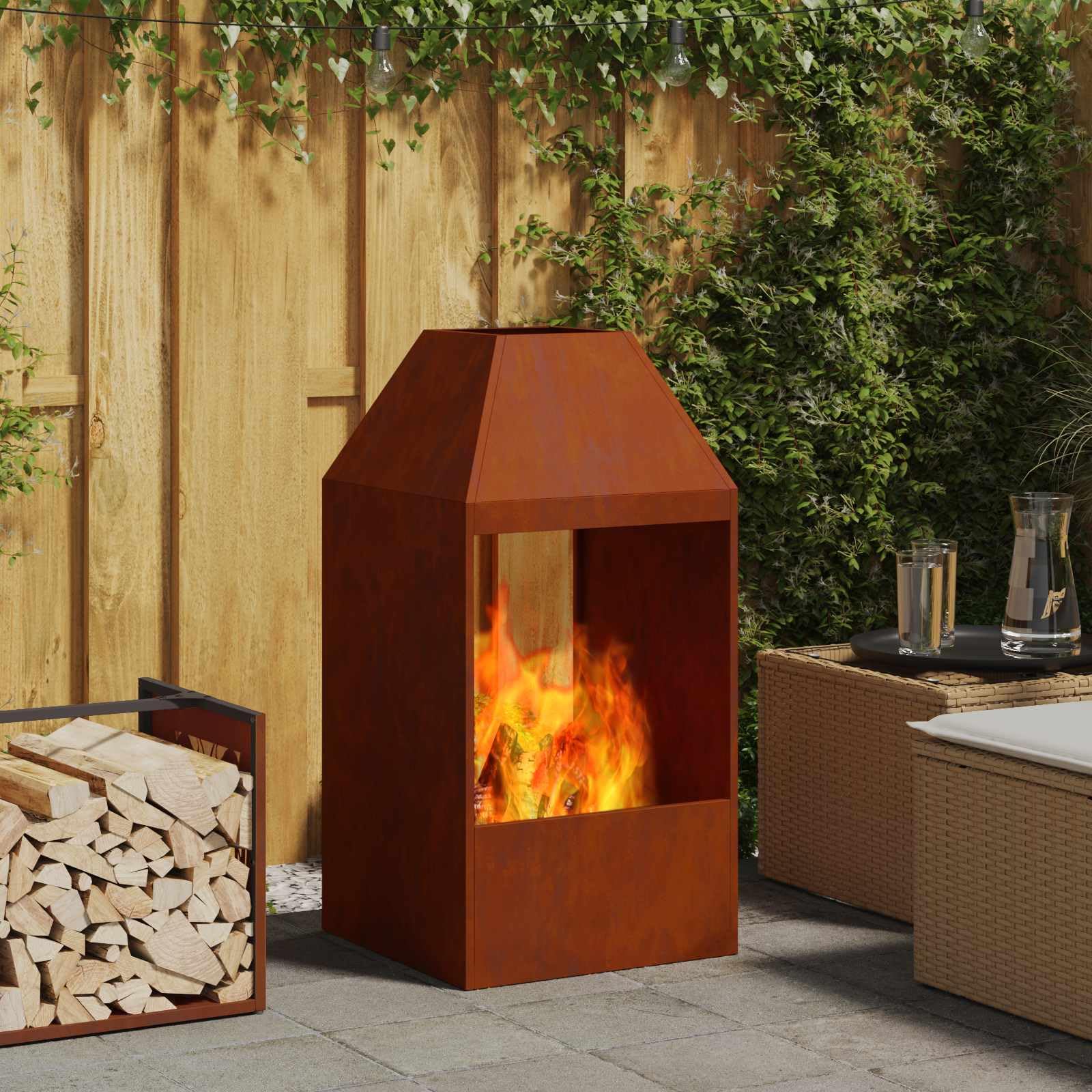 vidaXL Tazón de Fuego Oxidado 50 x 50 x 100 cm Acero Oxidado | Resistente para uso exterior, Hecho para aguantar el clima, Acomoda troncos más gruesos para mejor combustión