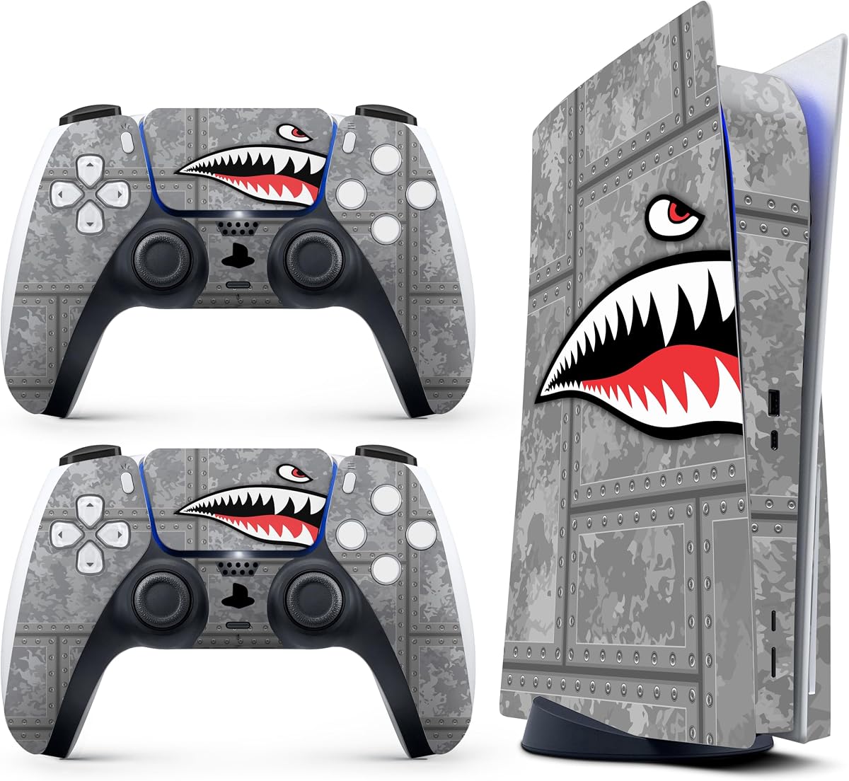 Skin adhesivo para consola de juegos 5 – Funny Shark, compatible con edición de disco y edición digital (no versión delgada) – 2 fundas de controlador y funda de consola – sin burbujas, protección completa, extraíble