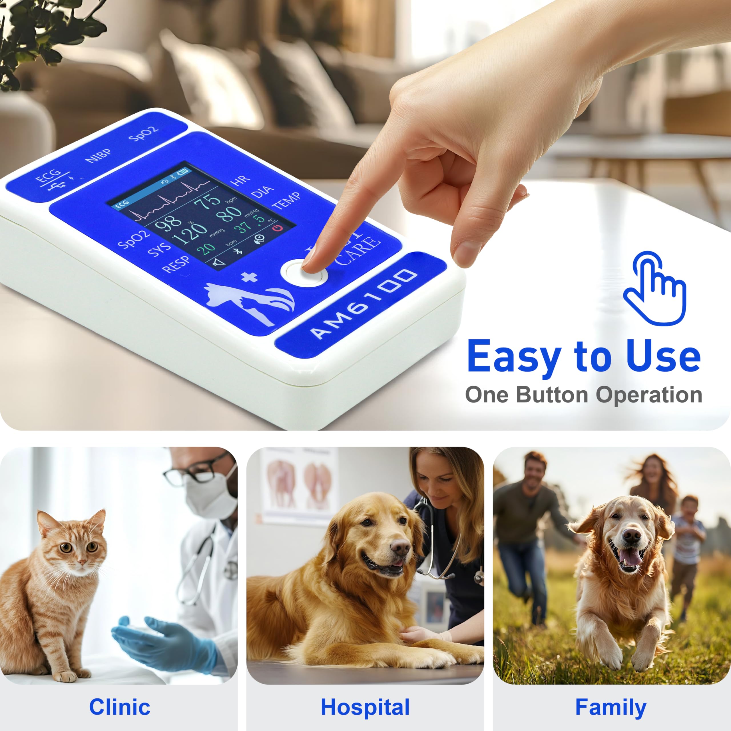 Monitor veterinario digital para perros, gatos y mascotas, equipo de cuidado de animales de 6 parámetros, monitor de presión de pulso Spo2 para uso en clínicas domésticas, fácil operación y