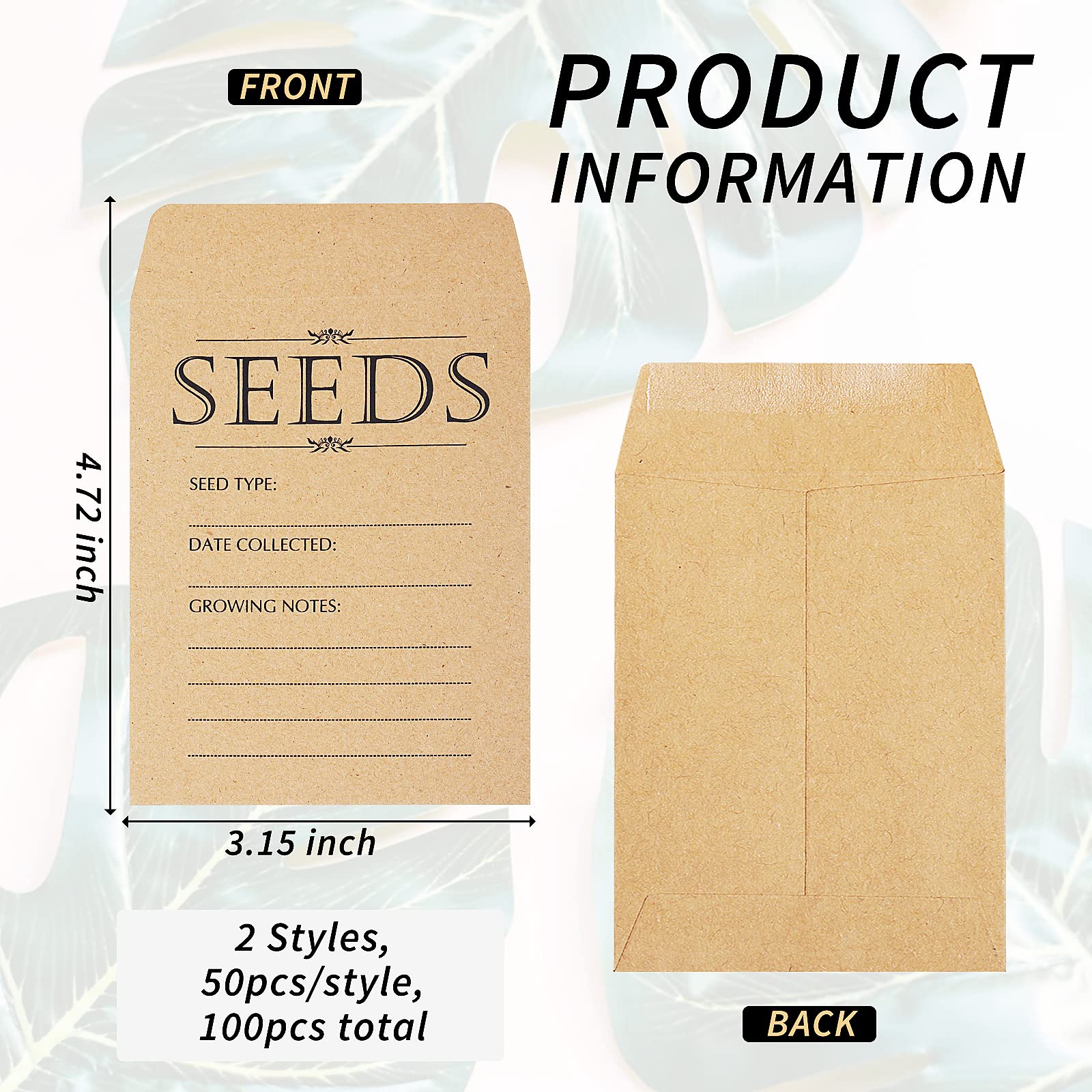 Coin Envelopes 100-Pack Clear Window Seed Envelopes - Resealable Kraft ...