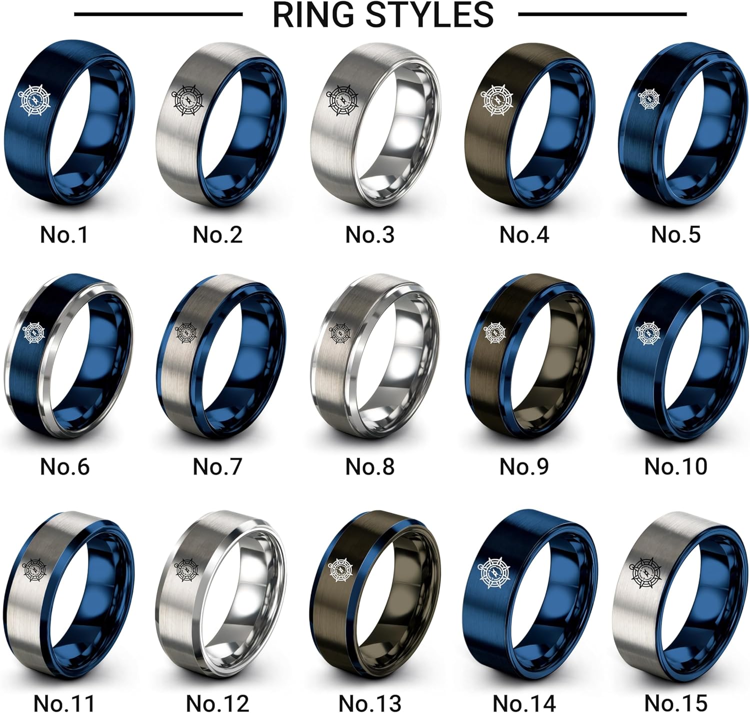 Ships Compass Ring - Gift for Mariner - Flat Dome Bevel - Anniversary Engagement Wedding - 8mm - Men Women - Band - Tungsten Carbide - Personalized Custom Engraving - Blue Gunmetal Silver