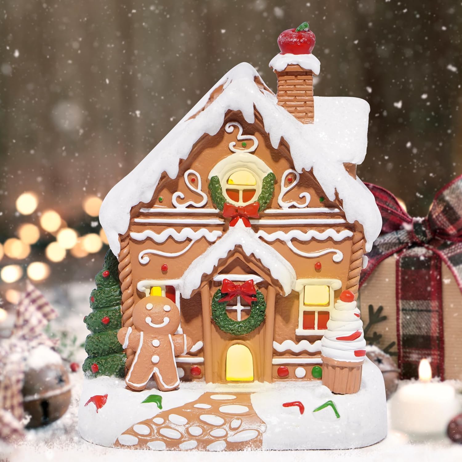 Hodao Christmas Decorations Gingerbread House Decor Figurine, Battery-Powered (2 AAA), 5.1" H Resin Village Houses-Festive Indoor Home Party Display (Village Houses5.1-1)