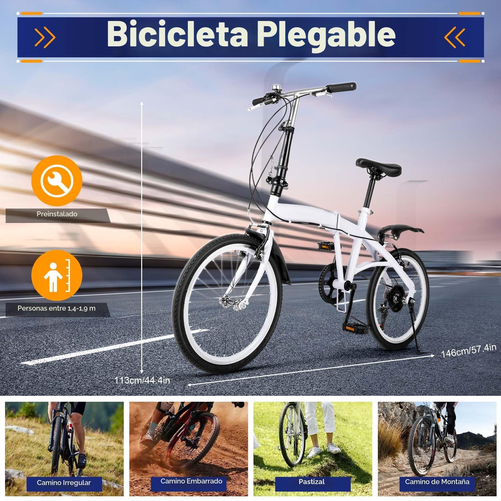 bicicleta plegable de 20 pulgadas, 6 marchas, para mujer, hombre y niños, ideal para deportes al aire libre, ciclismo y camping, color blanco