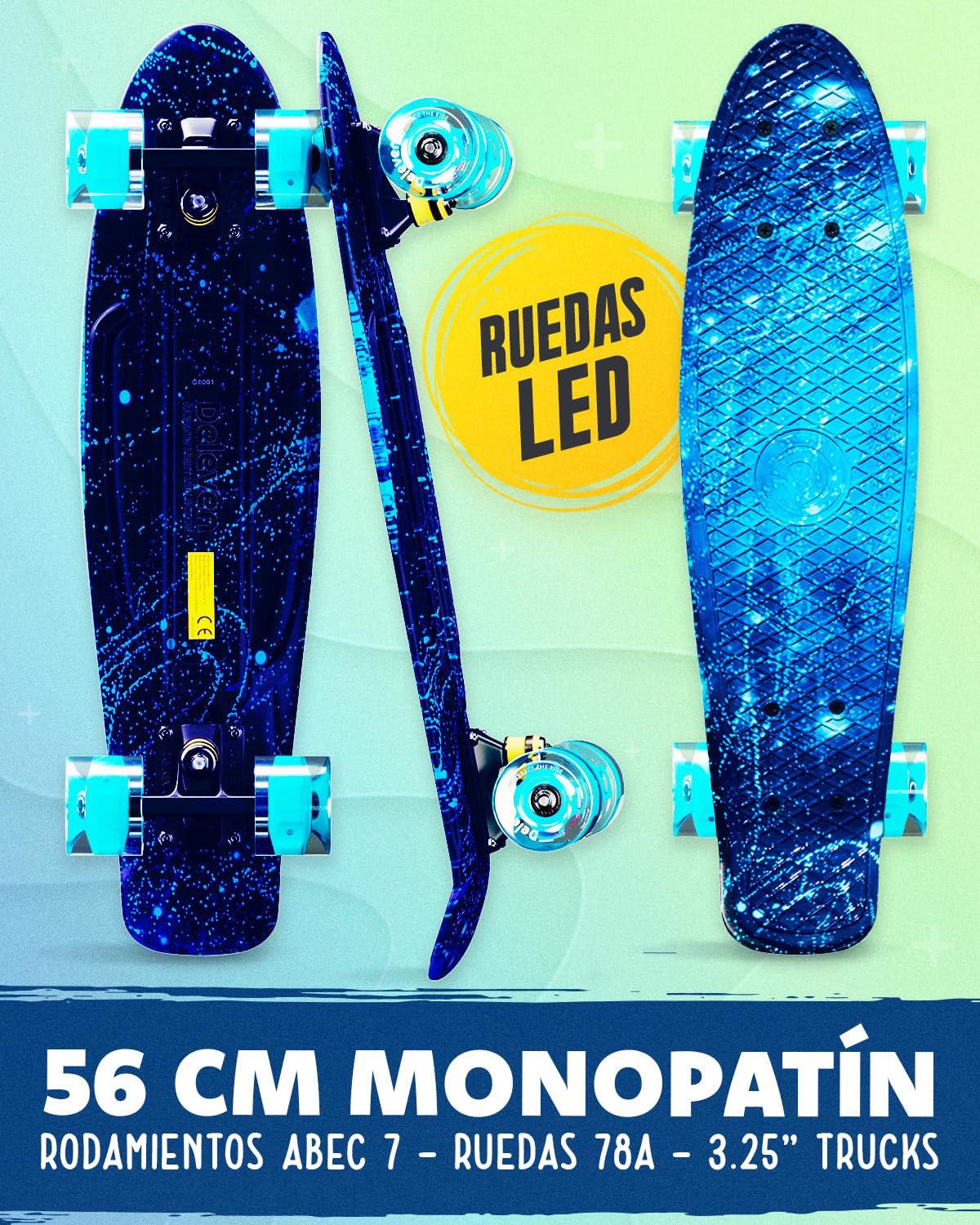 Deleven Monopatín 56cm con Ruedas LED, Herramienta de Skate y Rodamientos ABEC 7 - Skateboard para Niños Principiantes Adolescentes Adultos