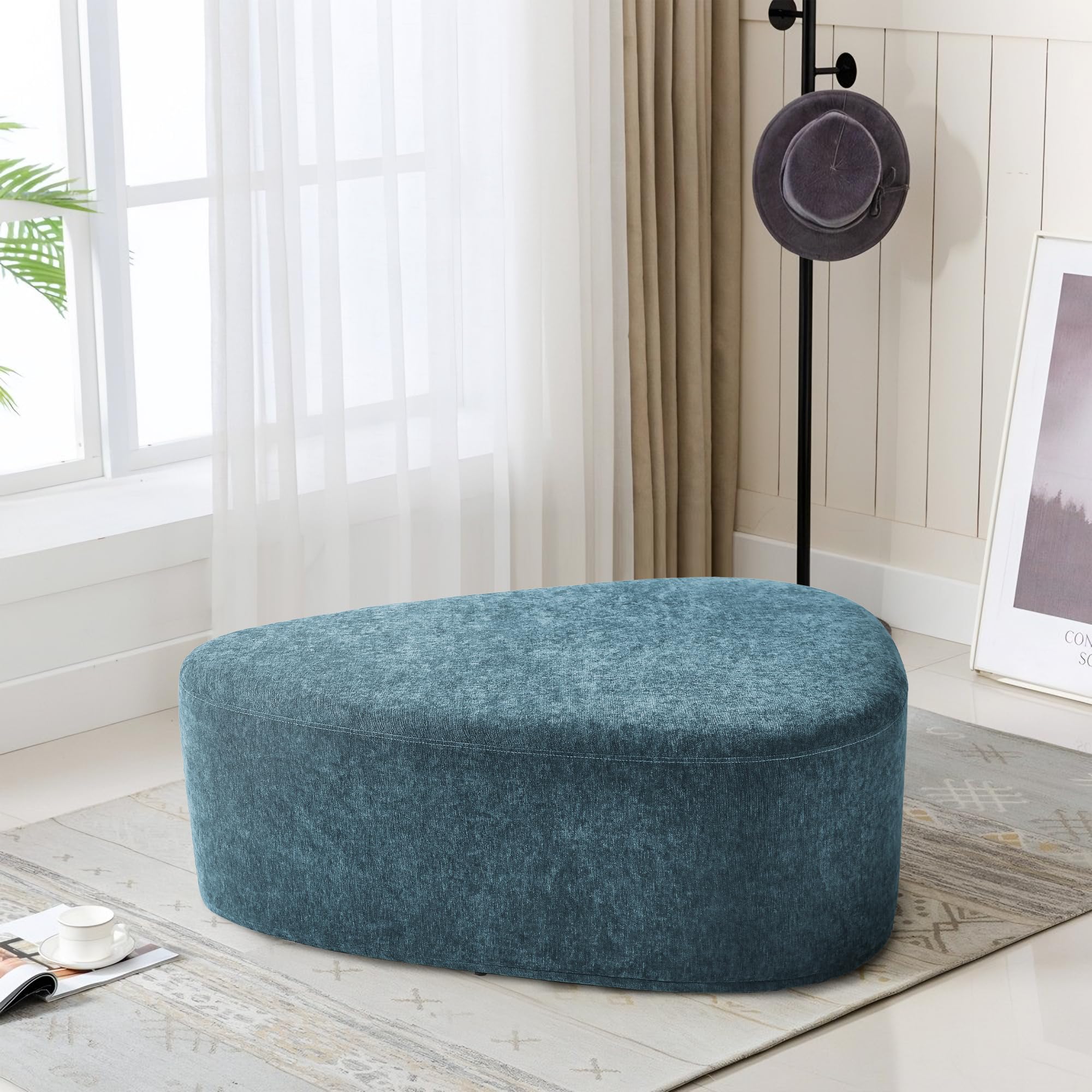 UIXE 44" Pebble Shaped Ottoman, Chenille Triangle Cocktail Ottoman Bench for Living Room, Upholstered Footrest Stool - Blue