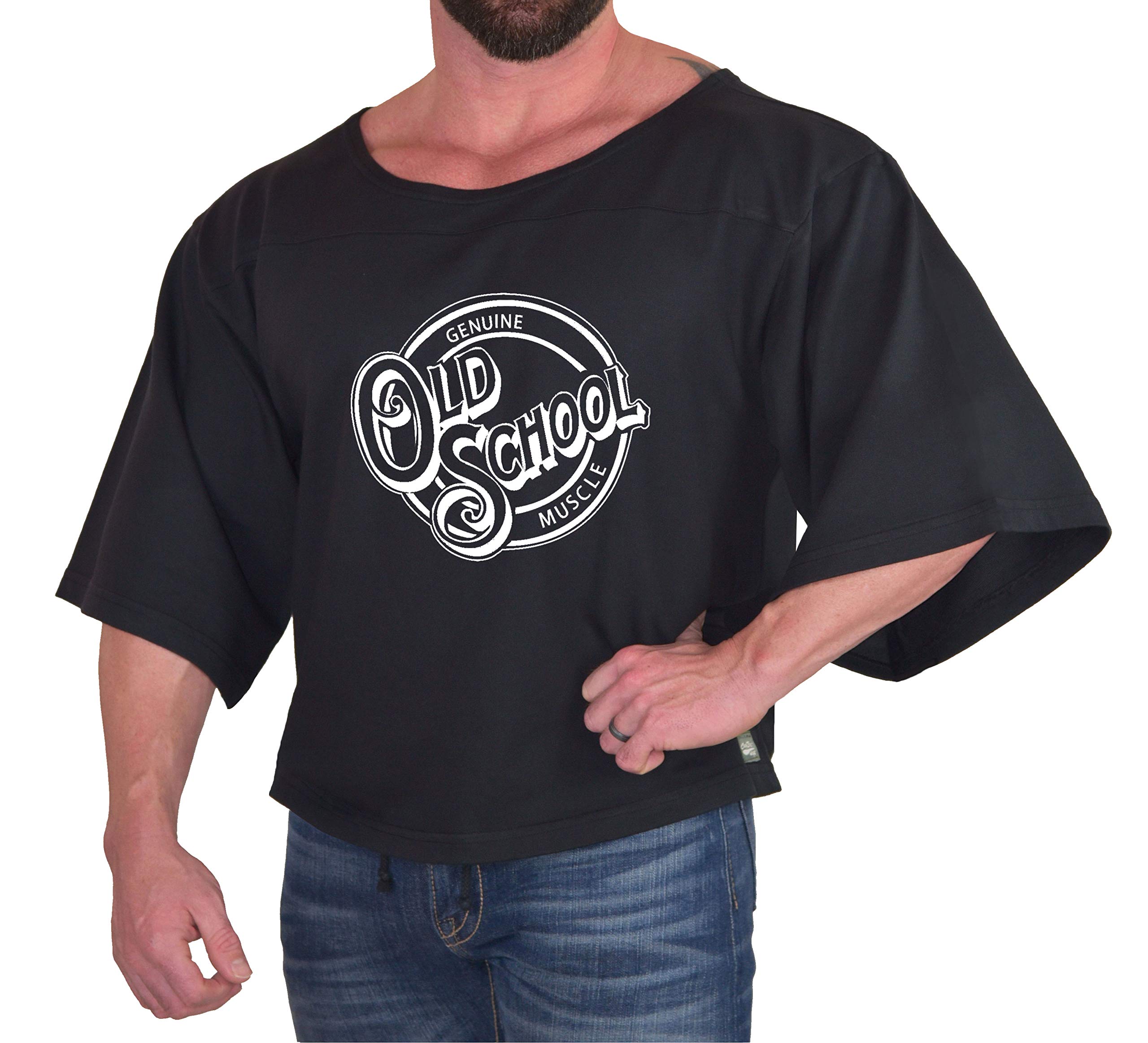 Men's Oversize Gym T-Shirt in Black, Bodybuilding Cardio Rag Top Muscle Plus Size Tee with Old School Design