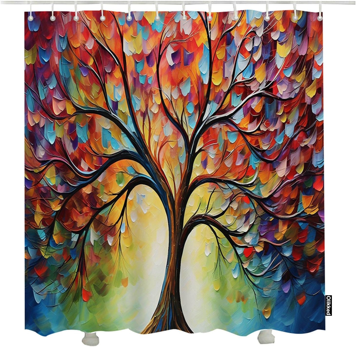 Oil Painting Art Tree Shower Curtain Colorful Leaves Bathroom Accessories Waterproof 72x72 Inch with Hooks