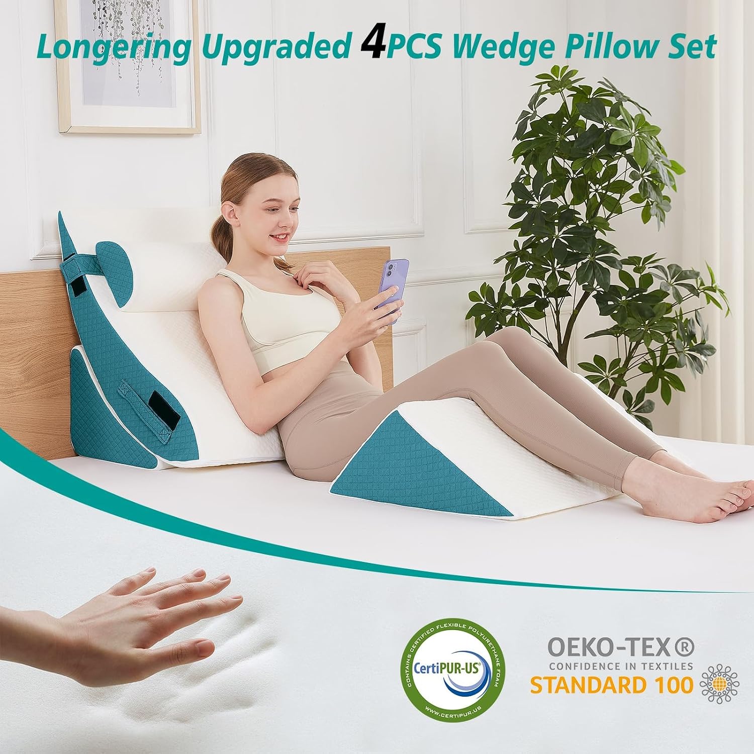 Orthopedic Bed Wedge Pillow Set for Sleeping 4 PCS - Adjustable Triangle Pillow for Neck Leg Support with Washable Cover - 35D Foam Wedge Pillow Post Surgery for GERD & Snoring (White Blue)
