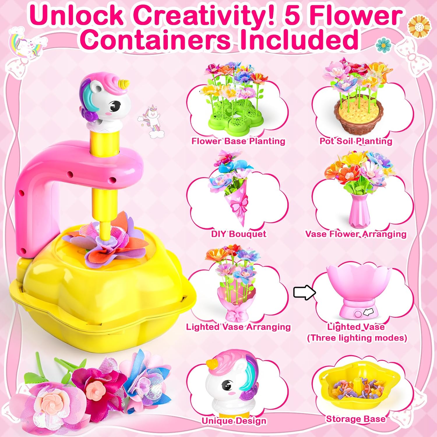 Osllate DIY Arts and Crafts for Kids Flower Toys with Lighted vase, Upgraded Unicornous Design Fabric Bouquet Craft Kits for Kids Toys for Girls Christmas Birthday for 3-12+ Year Old, Pink