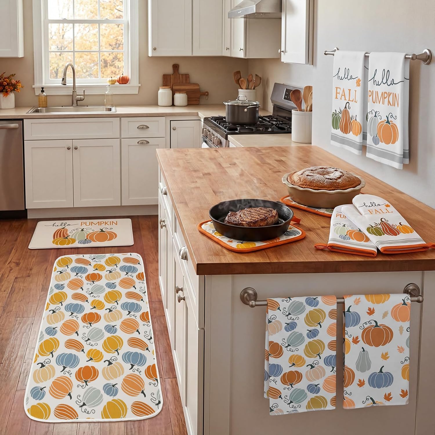 Newtay 10 Pcs Thanksgiving Fall Orange Pumpkin Kitchen Decor Set Oven Mitts and Pot Holders Pumpkin Dish Towels Fall Kitchen Rug and Mats for Autumn Chef Baking Cooking Grilling BBQ Women Mom Gift