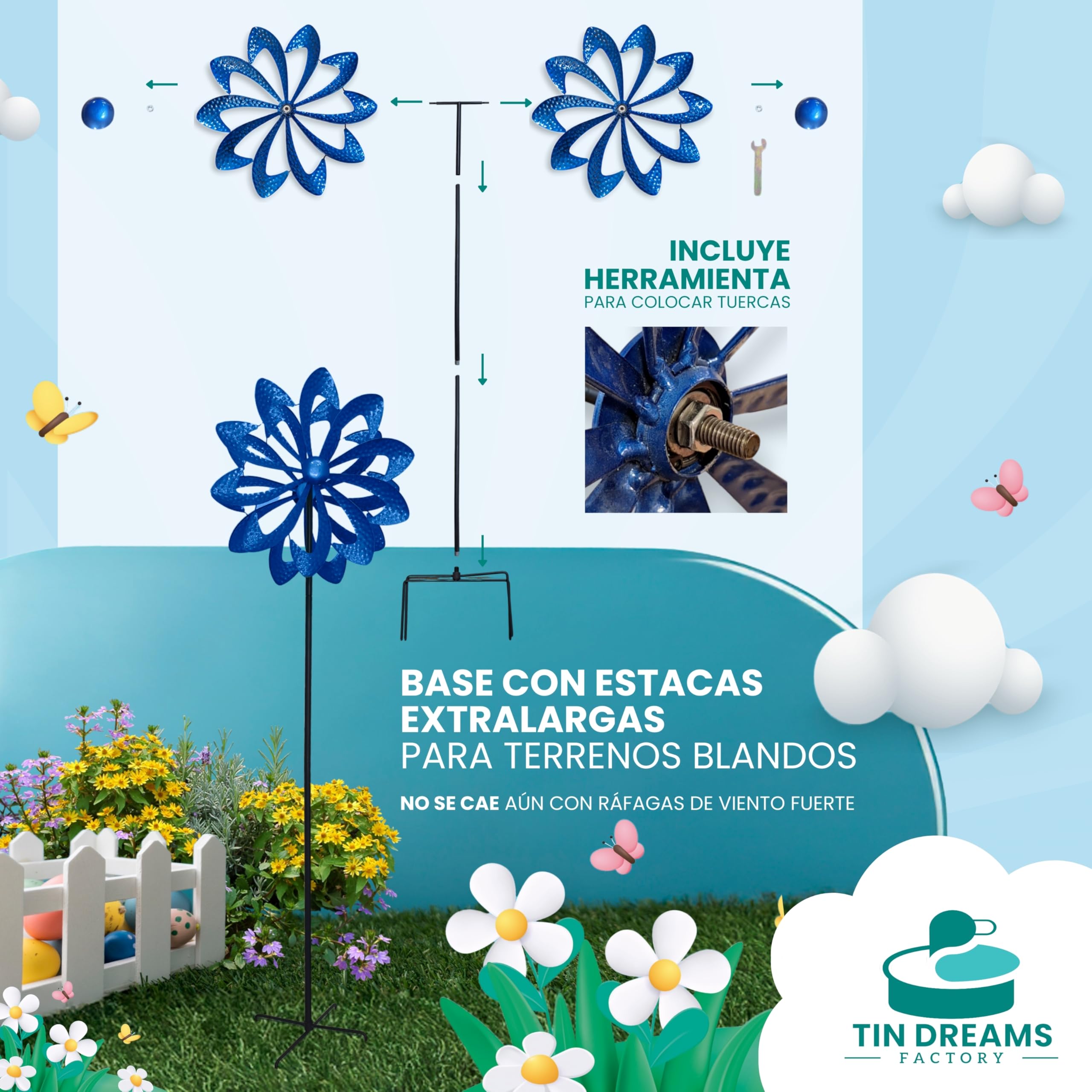 Molinillo de Viento - Decoración Jardín, Patio y Terraza - Molino de Metal Azul - Espantapajaros Exterior - Ahuyentador Palomas, Gaviotas - Repelente de Aves - Antipajaros