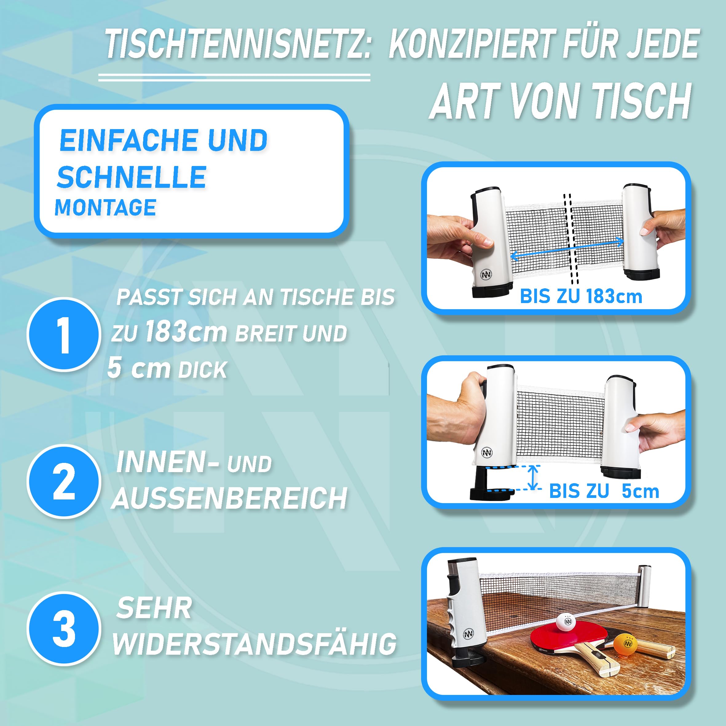 Tischtennisschläger Set mit ausziehbarem Netz, Tischtennisschläger Profi, 3-Sterne-Tischtennisbälle, Verstellbares Tischtennisnetz für jeden Tisch, Tragbares Tischtennis