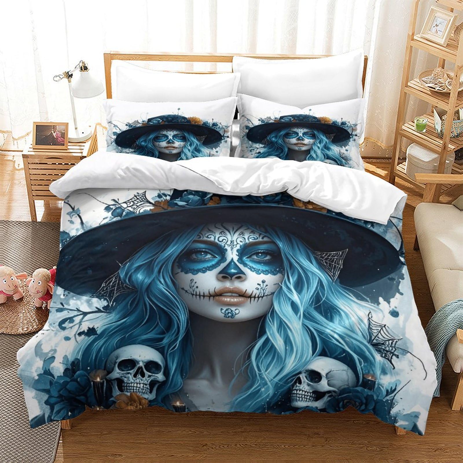 XiaopangXY Breathable LaCatrina & Roses Design Duvet Cover Set with Hidden Zipper Gothic Quilt Cover Set with Pillowcases Bedding Set Soft Microfiber Comforter Cover Double（200x200cm）