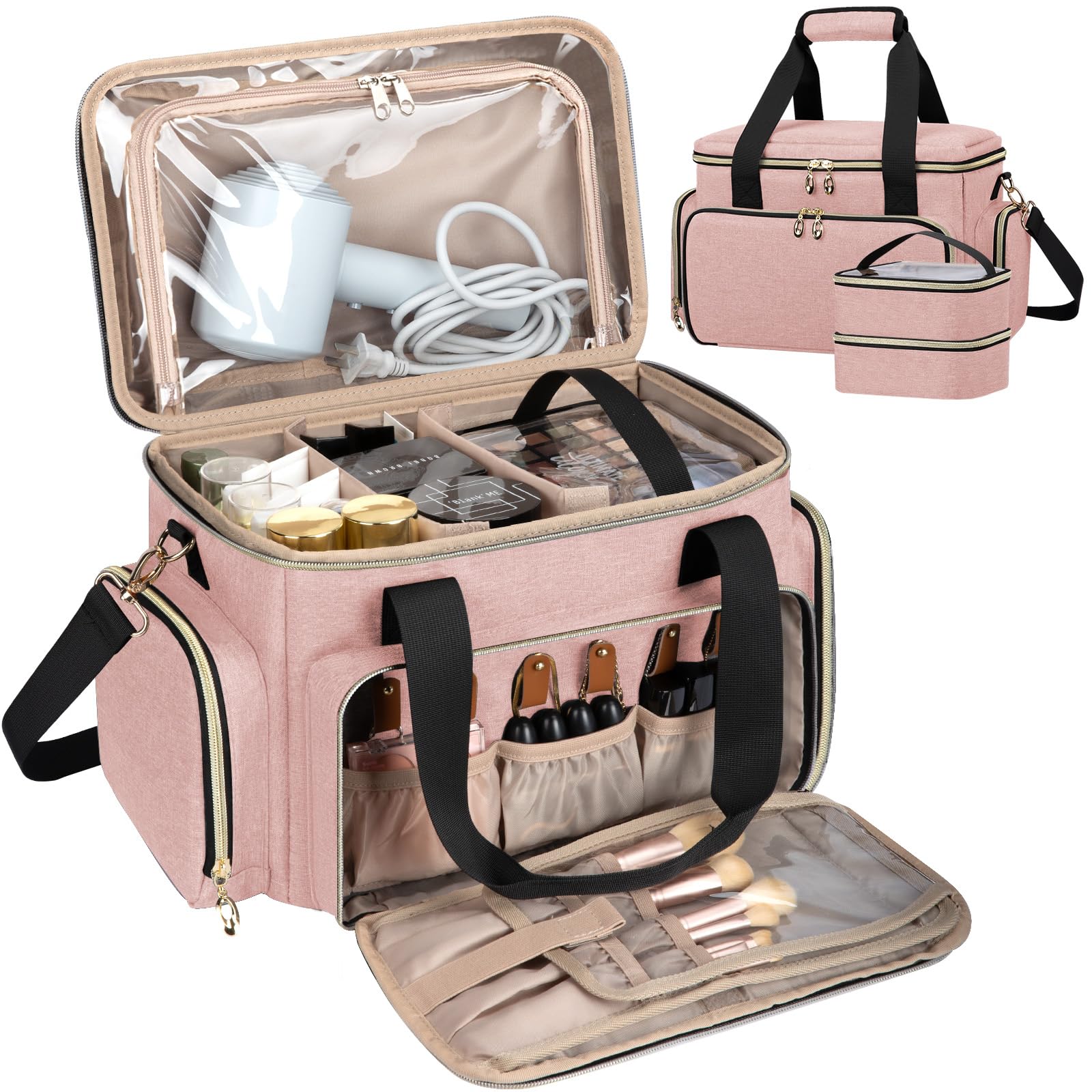 GDNasist Grande borsa di trucco, borsa portatile di trucco di viaggio, rosa, 13.58" L * 7.87" W * and 9.45" H, Classico
