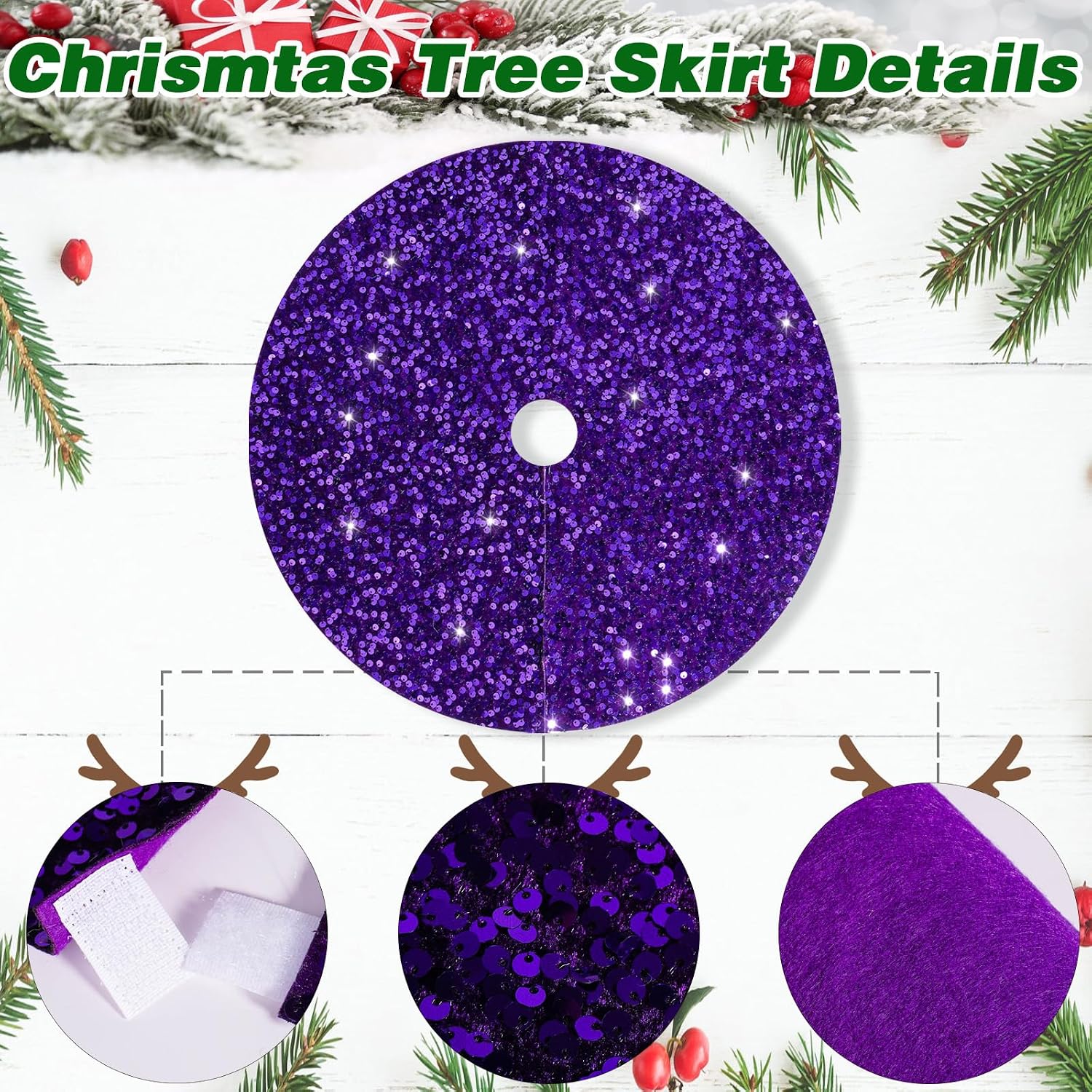 24 Inch Purple Sequin Christmas Tree Skirt，Large Xmas Tree Skirts Round Tree Base Skirt for Christmas Tree Decorations for Artificial Christmas Tree Base Cover Party Decoration(24 in)