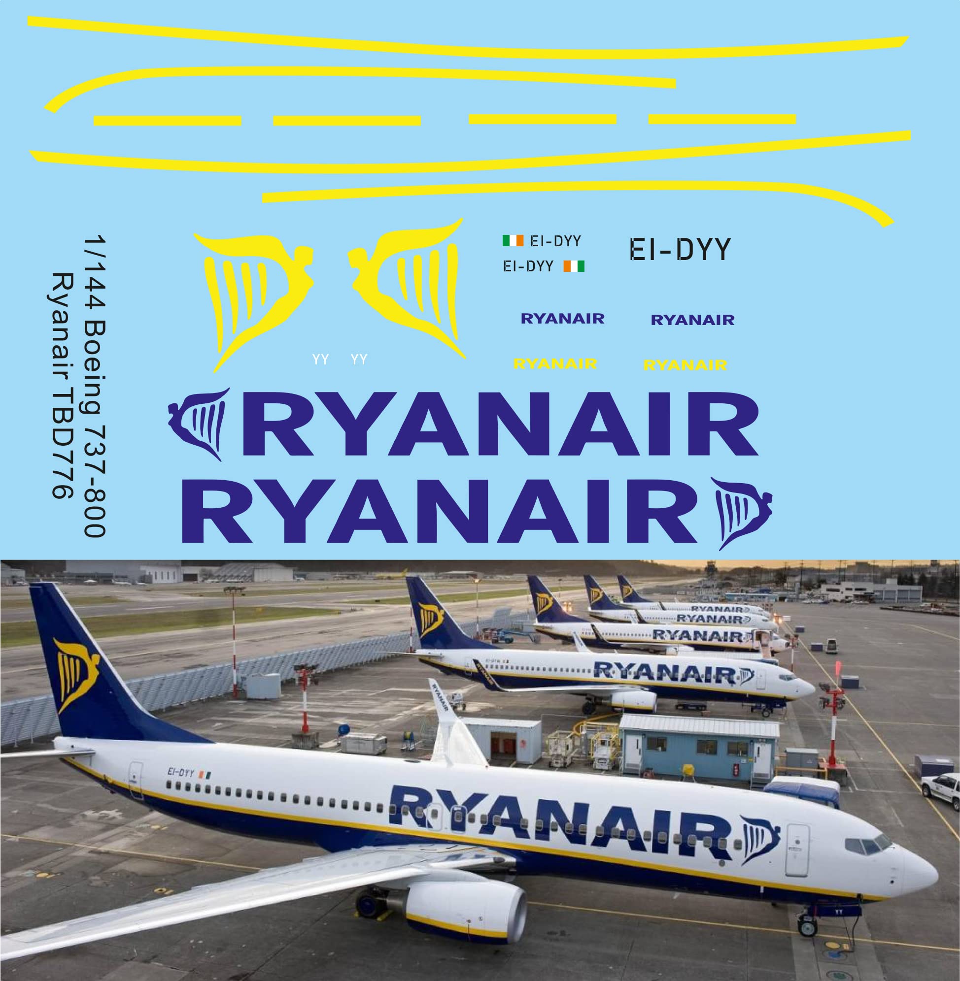 Generico 1/144 Decals for Boeing 737 800 Ryanair Livery TB Decal