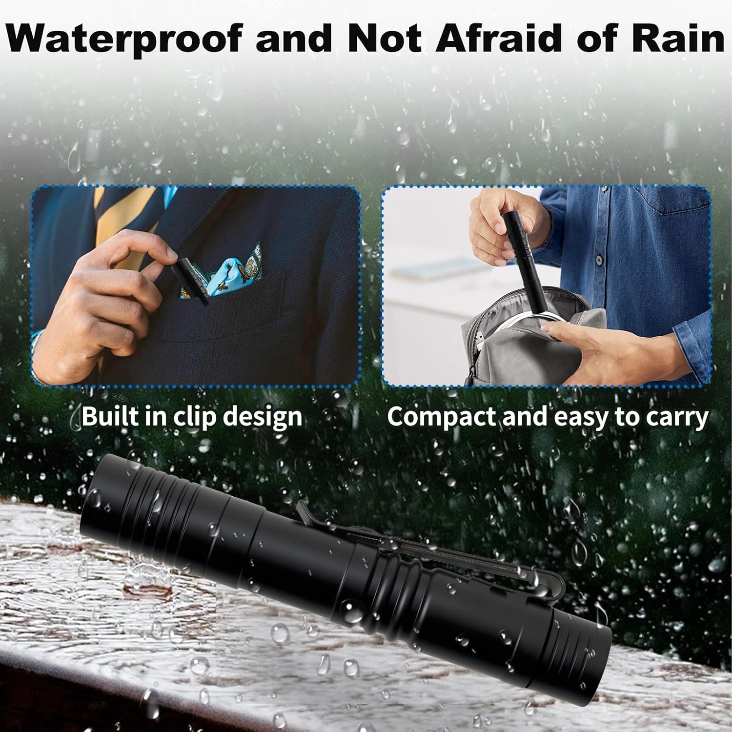 3pcs Handheld Mini Flashlight 500 Lumens, Super Bright LED AAA Pocket Pen Flashlight with Clip, IPX6 Waterproof, Zoomable, for Camping, Hiking, Emergency (Black)