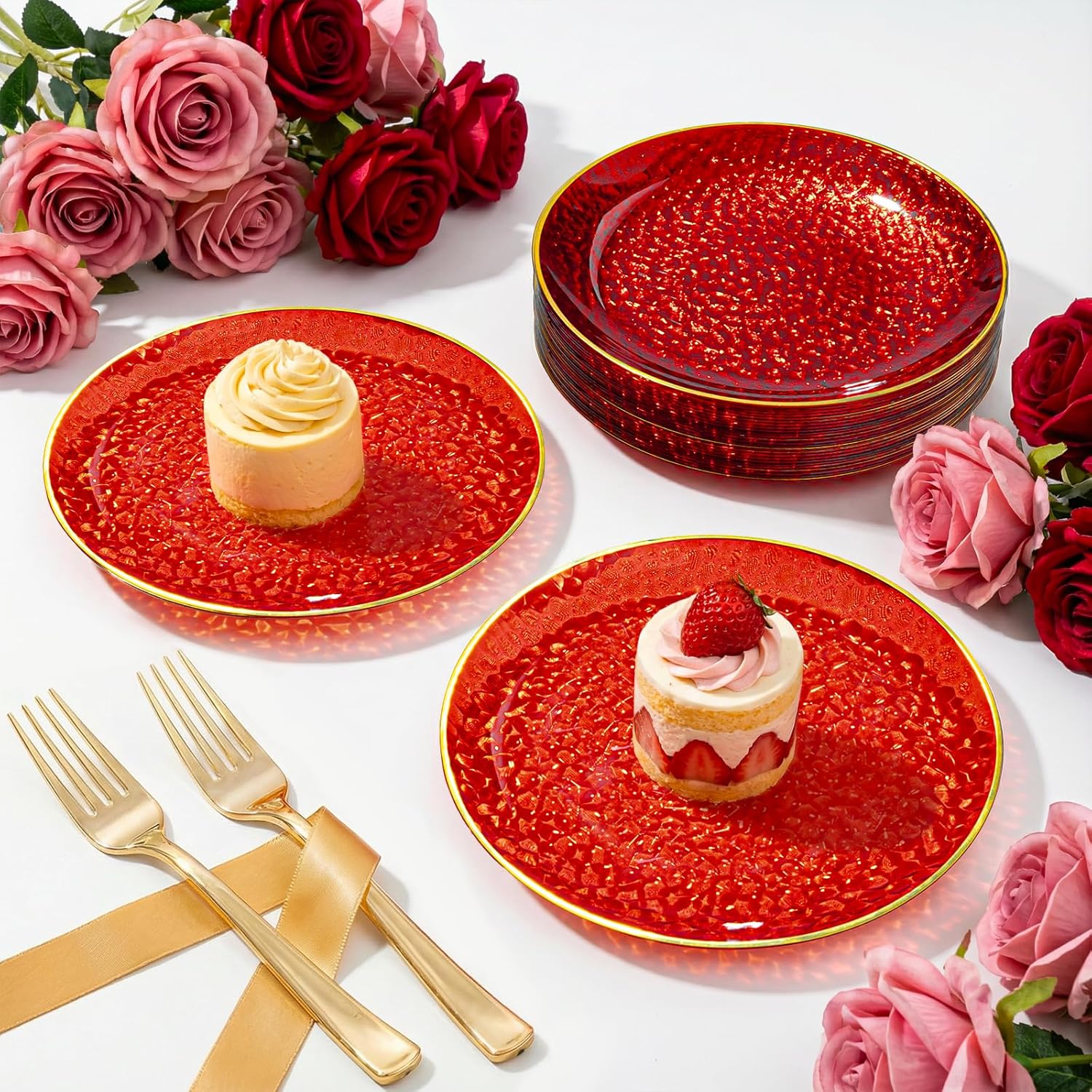 DaYammi 240Pcs Red Plastic Plates Including 120Pcs Red Dessert Plates and 120Pcs Gold Forks,Hammered Party Plate,Appetizer plates Heavy duty Disposable Plastic Plate for Party Wedding Mother's Day