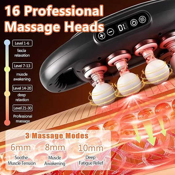 PFUM 16-Head Massage Gun-Professional Deep Tissue Massager for Thighs, Arms, Waist, Back, Muscle Tension Relief, Electric Percussion Massage Gun with 3 Modes & 30-Speed Touch Screen Adjustment