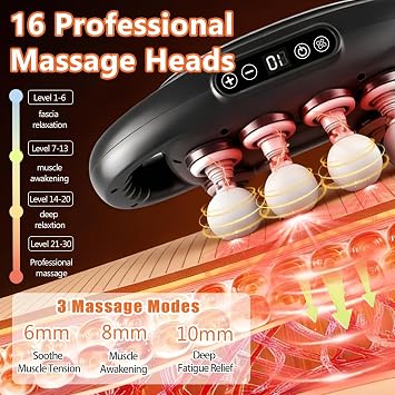 PFUM 16-Head Massage Gun-Professional Deep Tissue Massager for Thighs, Arms, Waist, Back, Muscle Tension Relief, Electric Percussion Massage Gun with 3 Modes & 30-Speed Touch Screen Adjustment