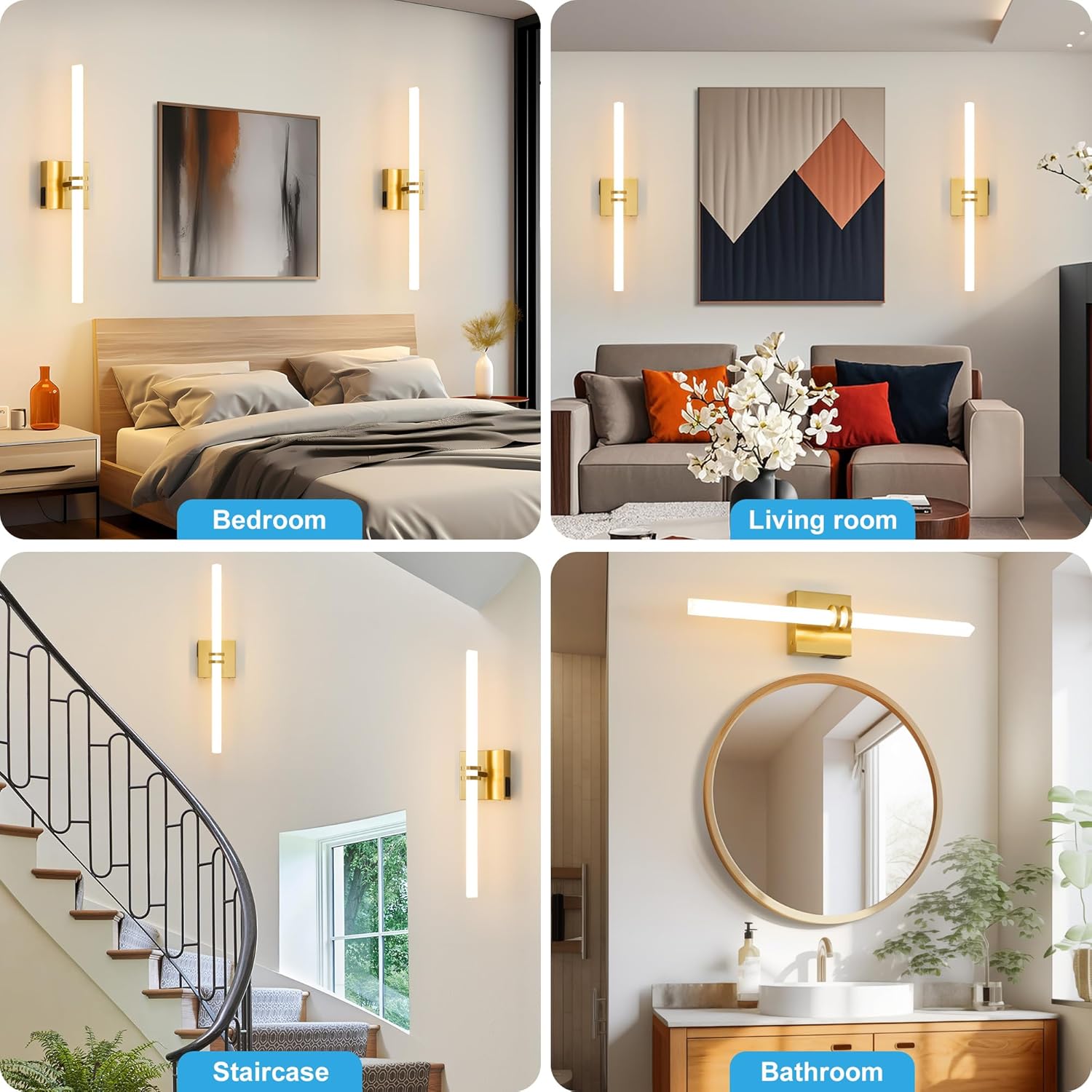 Battery Operated Wall Sconce, Gold Rechargeable Wall Lights with Dimmable Remote Control, 23.6 Inch 3000K-6000K LED Wireless Wall Lamps for Bedroom, Hallway, Background Wall