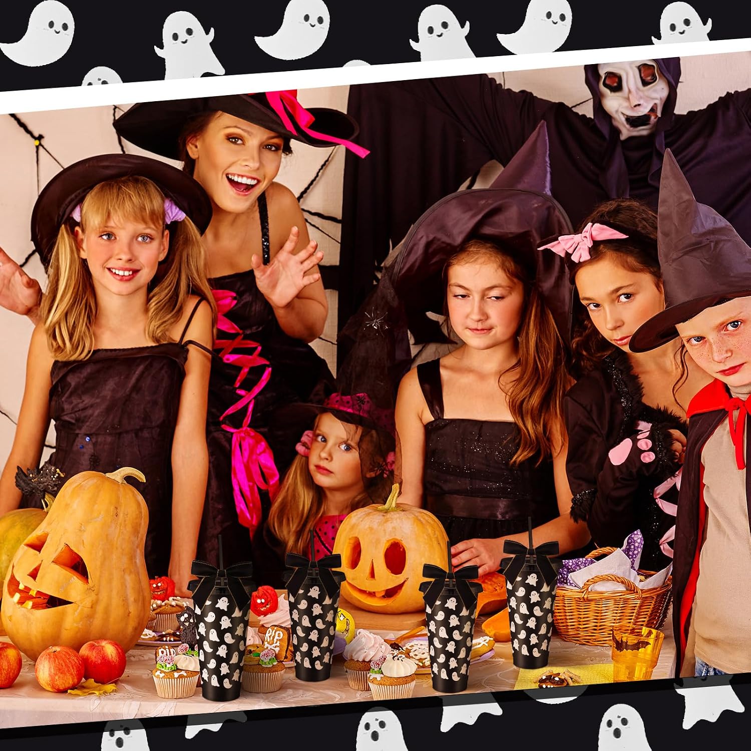 SiliFine 12 Sets Halloween Ghosts Tumbler Cups Bulk 24 oz Reusable Cute Spooky Plastic Tumbler with Straw Lid and Bow Ghost Party Favor for Little Boo Baby Shower Party Supplies(Black)