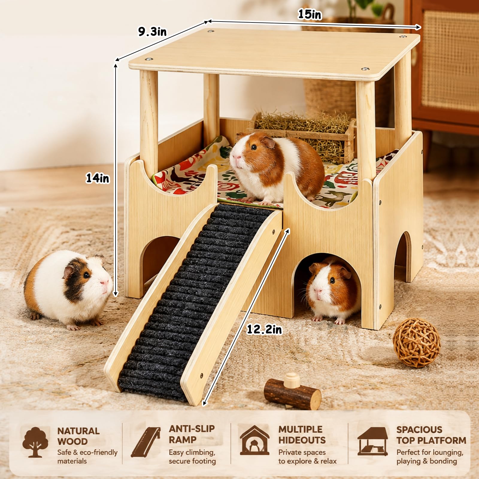 Meerschweinchen Haus aus Holz - Mit Treppe Rampe meerschweinchen Spielzeug Zubehör, Hamsterhaus Hasenhaus Kleintierhaus für Kleintiergehege, Kaninchenhaus gehege Hängematte Käfig
