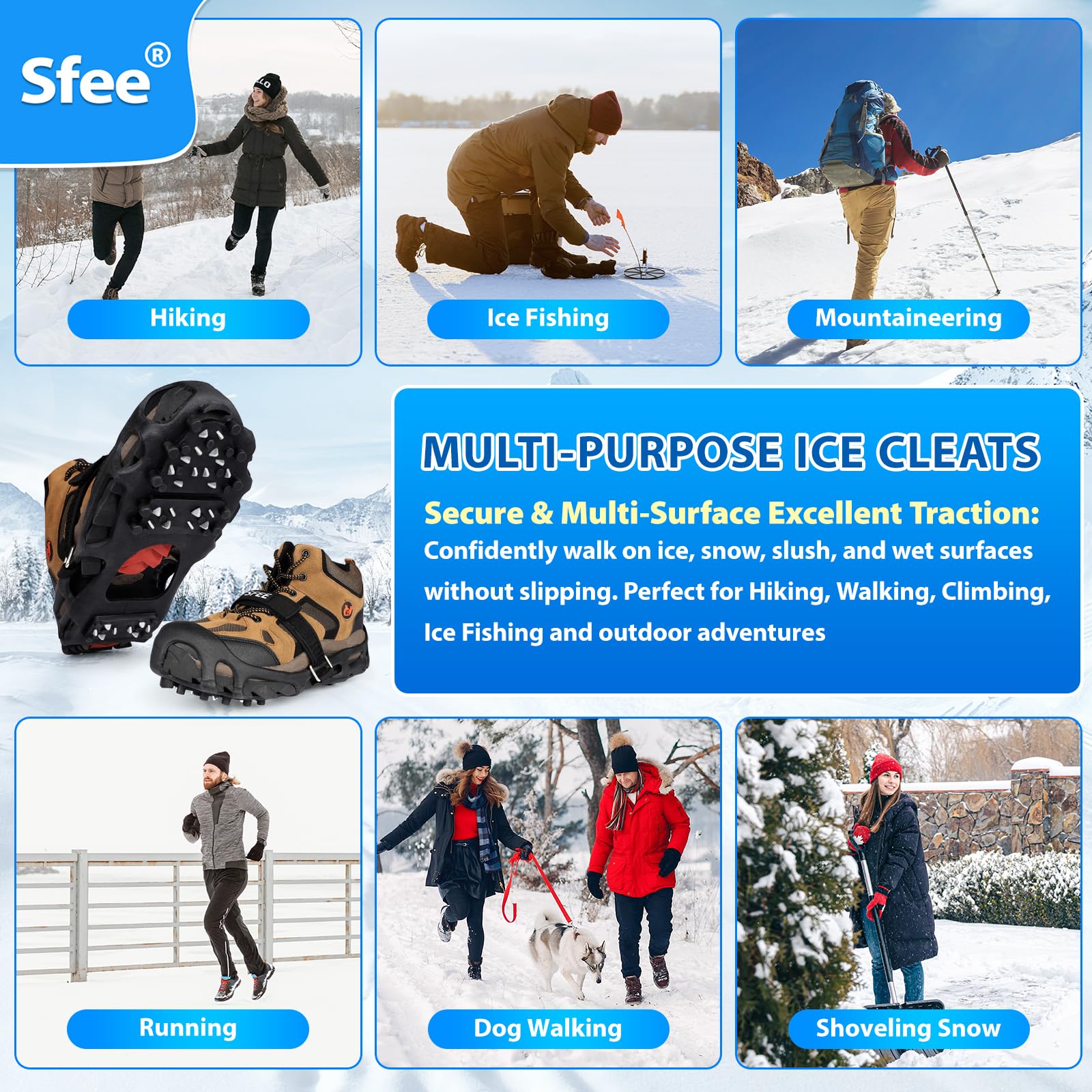 Sfee Crampons à glace pour chaussures et bottes, 28 crampons en acier ultra adhérents pour homme et femme, antidérapants, pour chaussures et bottes pour la marche, la randonnée, l'escalade, la pêche