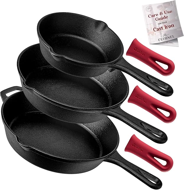 Cast Iron Skillet Set - 8"+10"+12" / 20.32cm+25.4cm+30.48cm + 3 Silicone Handle Holders - Pre-Seasoned Oven Safe Cookware - Indoor/Outdoor - Grill, Stove Top and Induction Safe
