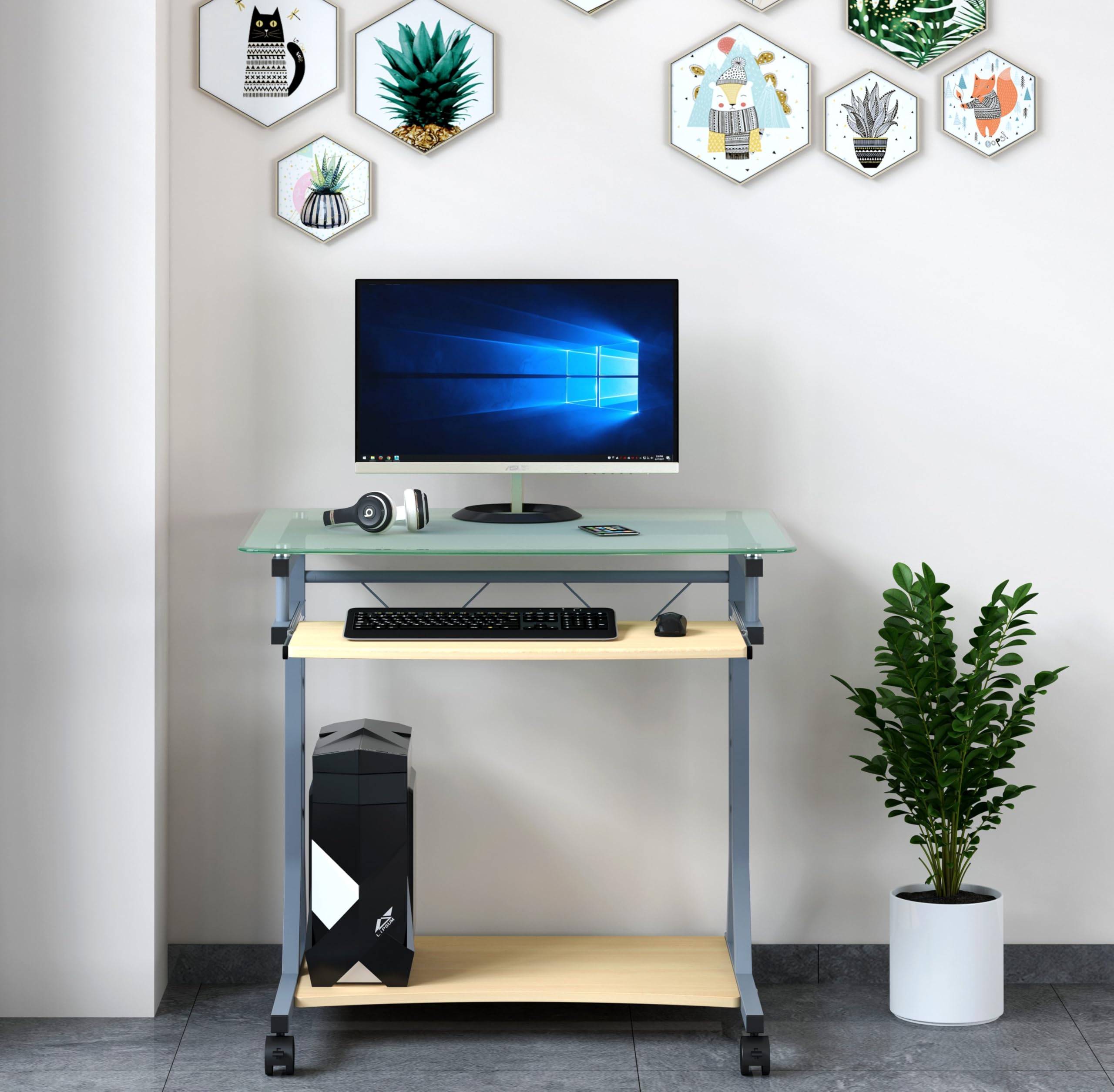 Equipo original de escritorio para PC compacto de metal y vidrio con ruedas