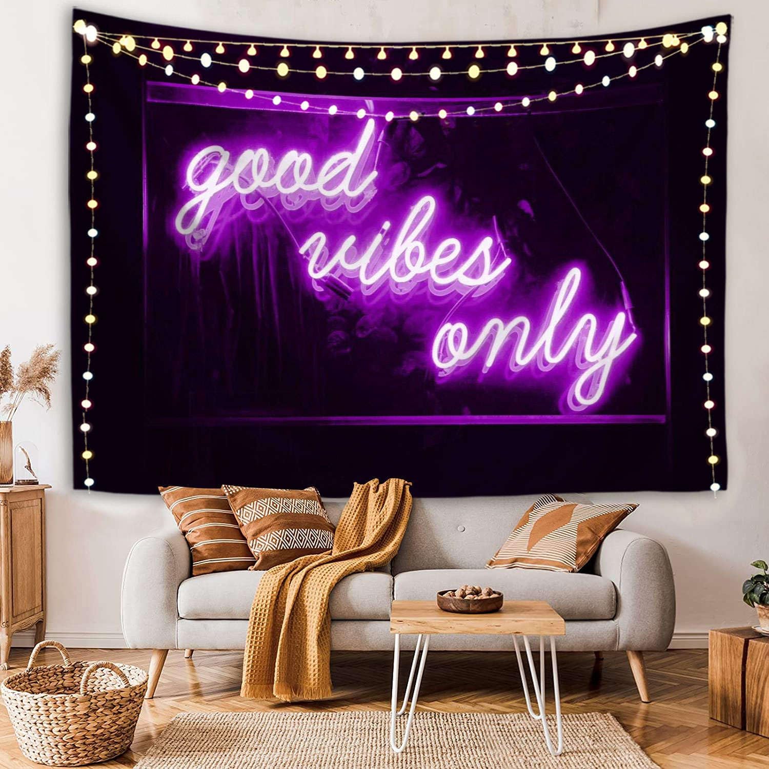 HuxtleEssentials Decorative Wall Tapestry, Good Vibes Only Words in Neon Light for Bedroom Living Room Outdoor Room Decor Tapestries 50 X 60 Inches