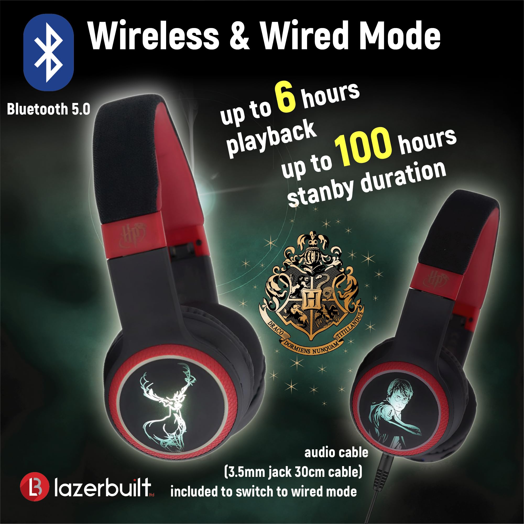 Harry Potter Casque Bluetooth et Filaire Lumineux 2 en 1 avec Bandeau réglable et Commandes d'écoute. Microphone intégré pour Passer et Prendre des appels téléphoniques.