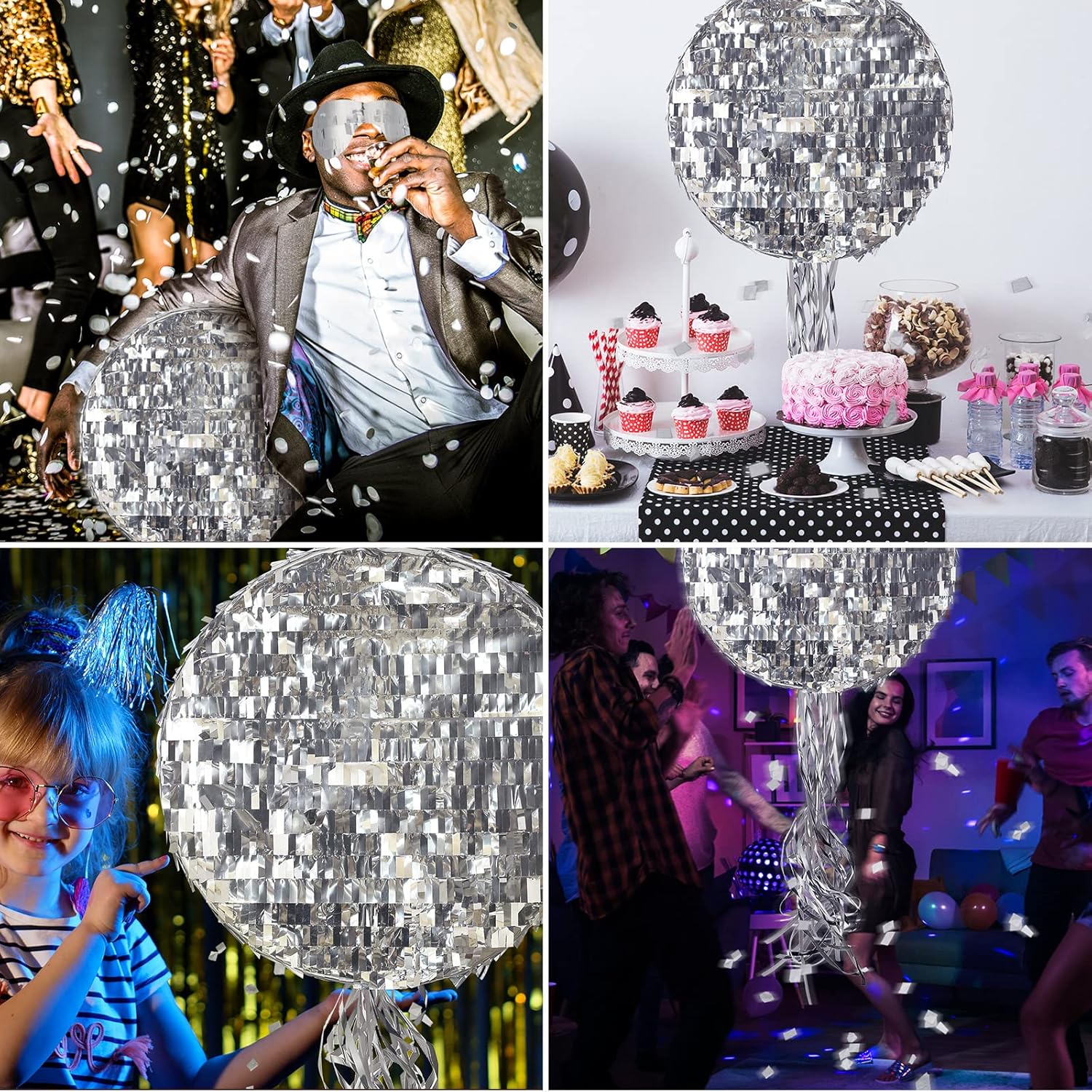 Disco Ball Small Piñata with Stick Blindfold and Confetti, Silver Foil Piñatas for Birthday Party Kids Adults Retro Birthday Game Party Decorations Supplies(Round)