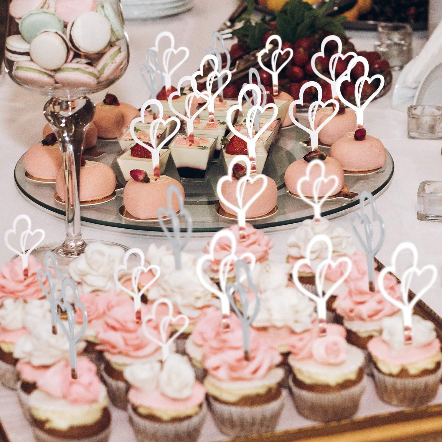 48 Pieces Silver Heart Cupcake Toppers Double Heart Cupcake Picks Love Cake Decorations Engagement Toothpicks for Bridal Shower Wedding Anniversary Valentines Day Birthday Party Favors Supplies