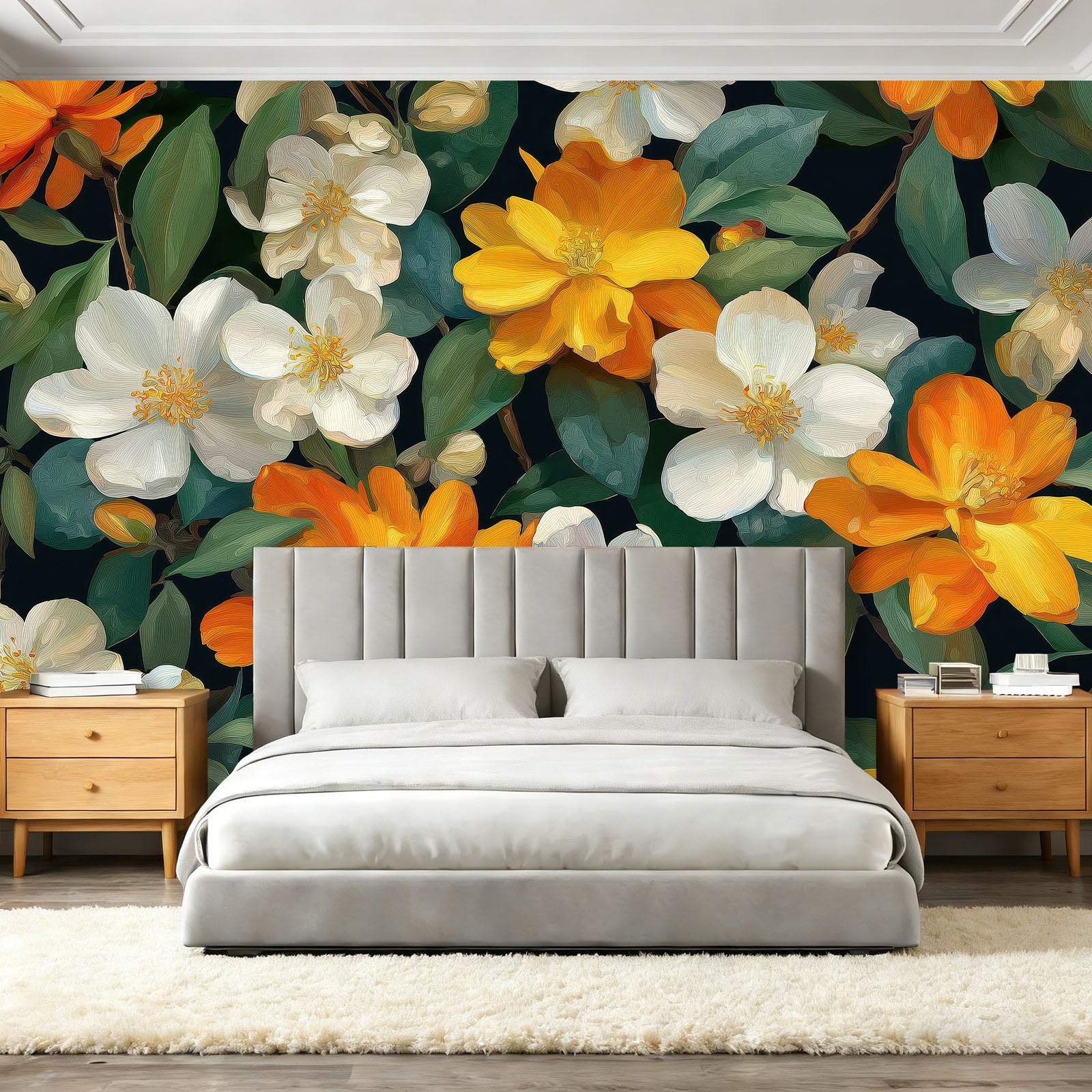 Panoramiczna tapeta mural 250 x 175 cm cecha sypialnia kamelia zielone liście salon, sypialnia, biuro dekoracja domu vintage botaniczny kwiatowy spalony pomarańczowy